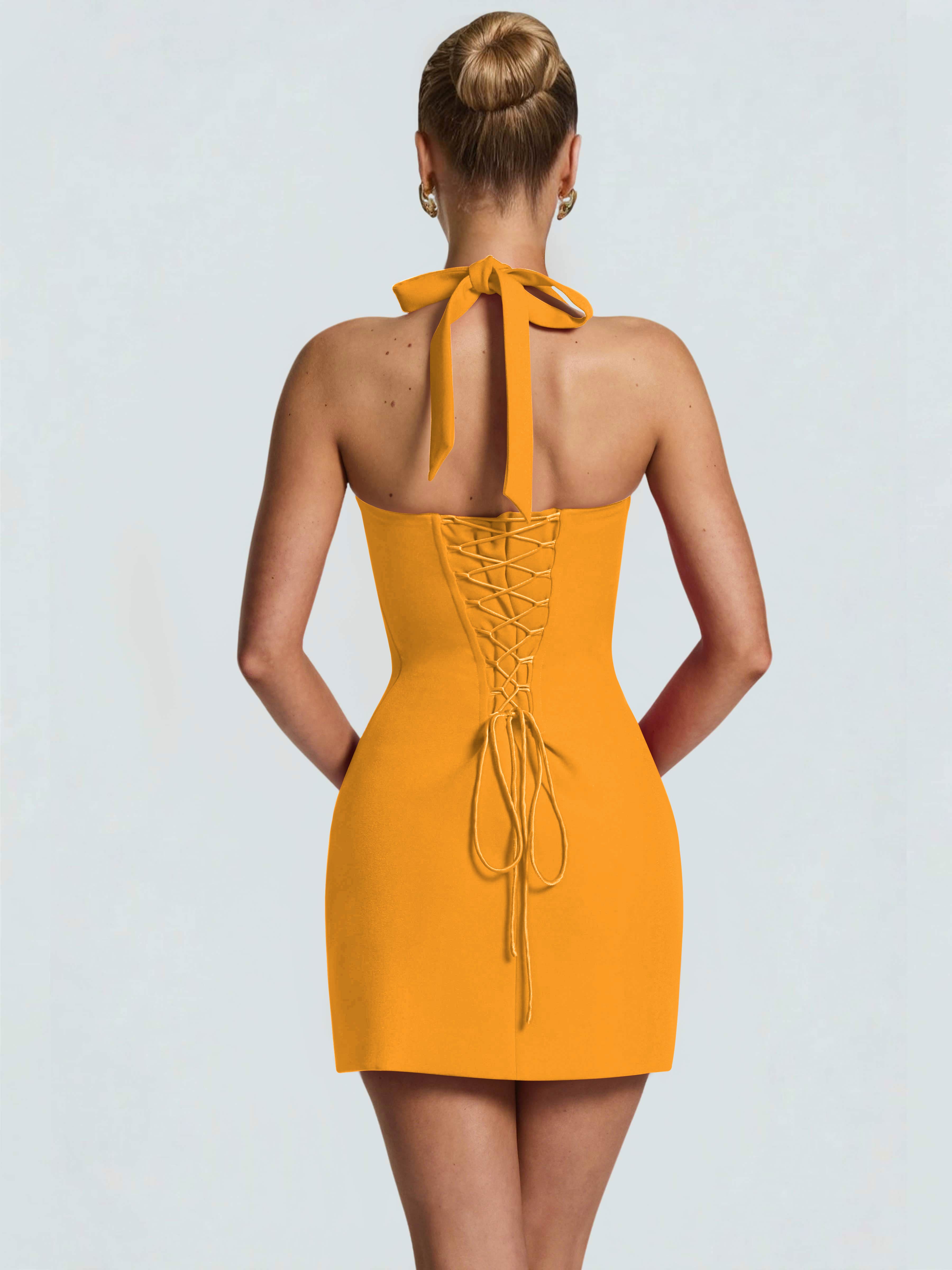 ROVDESY Halter Lace Satin Tight Homecoming Mini Dress