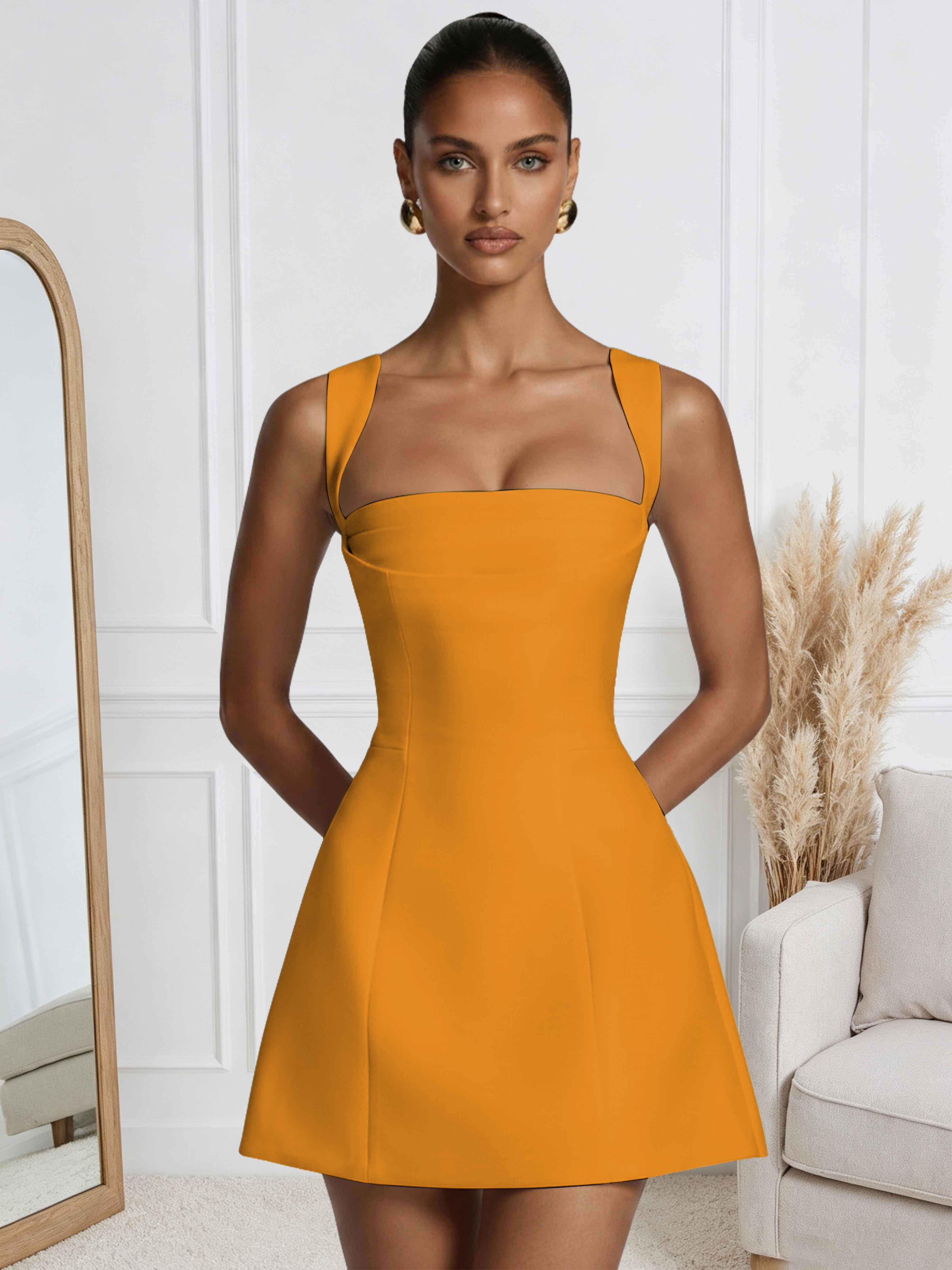 ROVDESY A-Line Square Neck Satin Homecoming Mini Dress