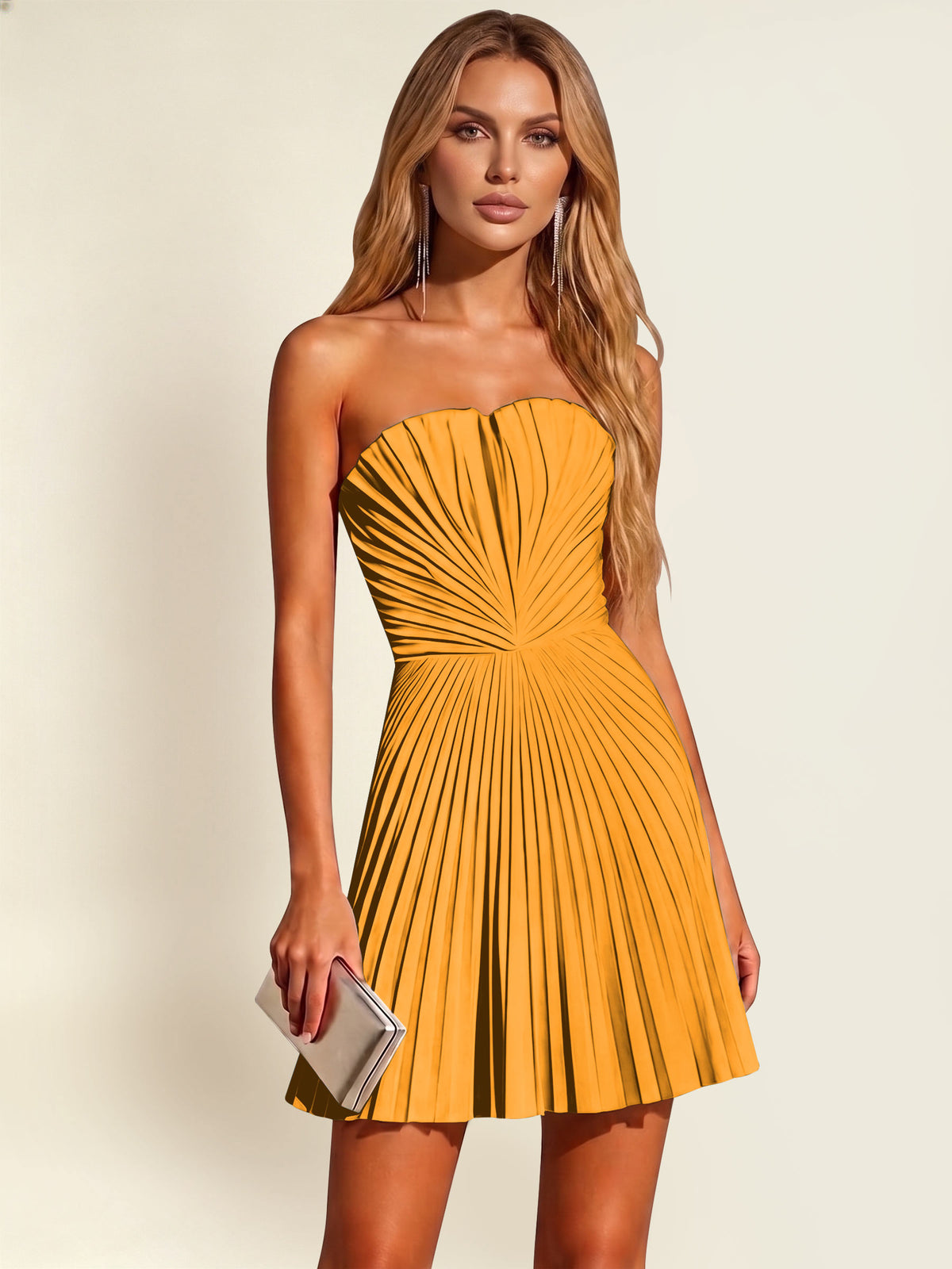 ROVDESY A-Line Strapless Pleated Satin Homecoming Mini Dress