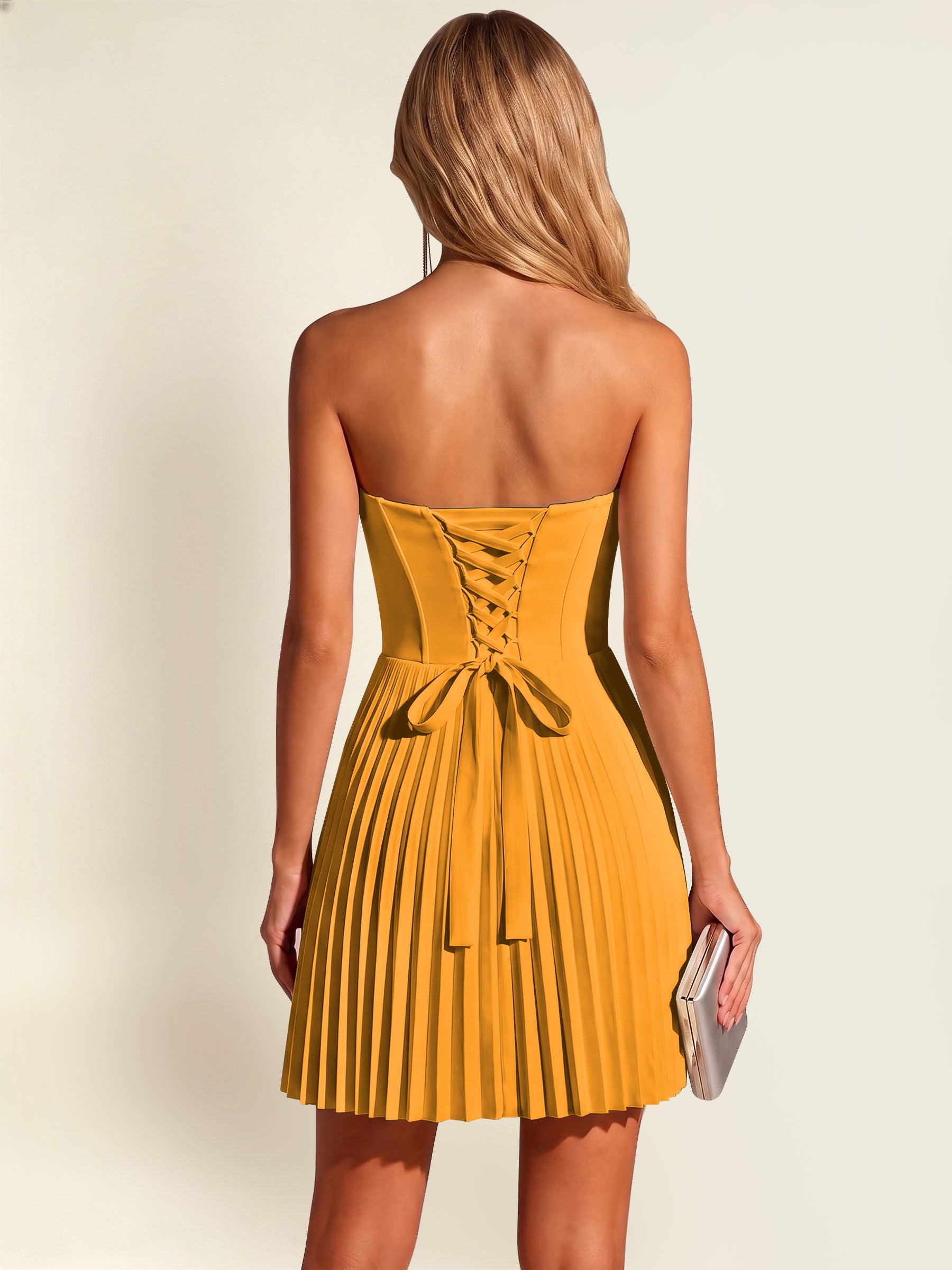 ROVDESY A-Line Strapless Pleated Satin Homecoming Mini Dress