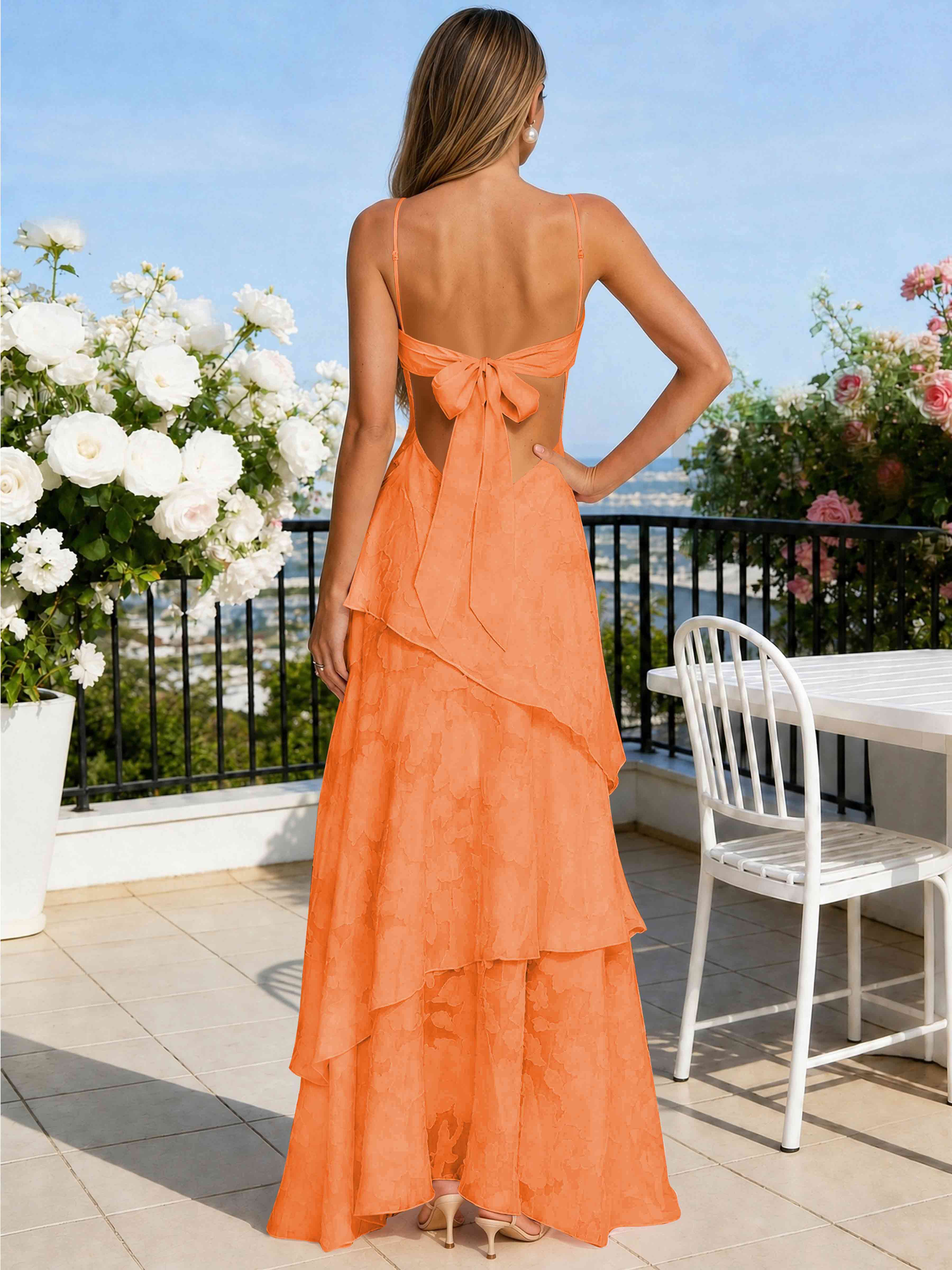 ROVDESY Spaghetti Strap V-Neck Chiffon Jacquard Tiered Ruffle Long Bridesmaid/Prom Dress