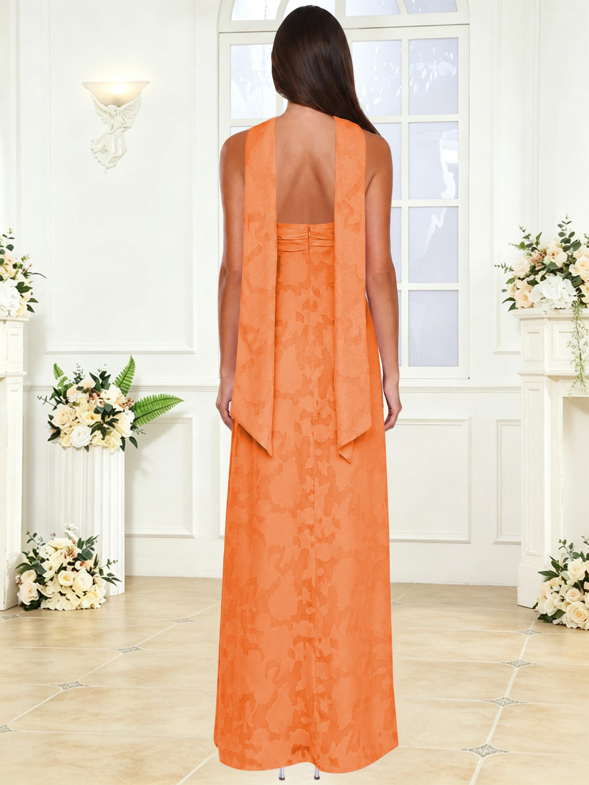 Spaghetti Strap Ruched Floral Jacquard A Line Bridesmaid Dress with Scarf