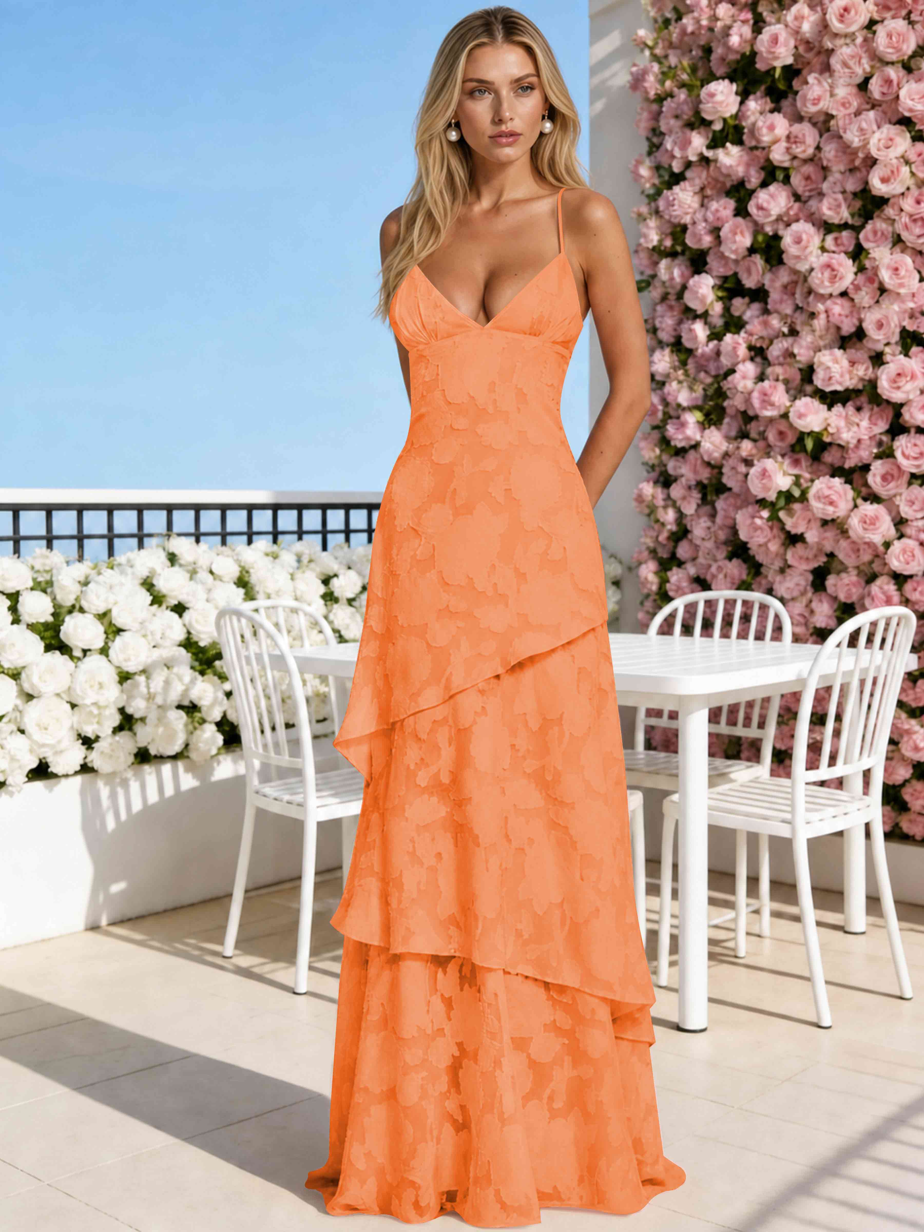 ROVDESY Spaghetti Strap V-Neck Chiffon Jacquard Tiered Ruffle Long Bridesmaid/Prom Dress