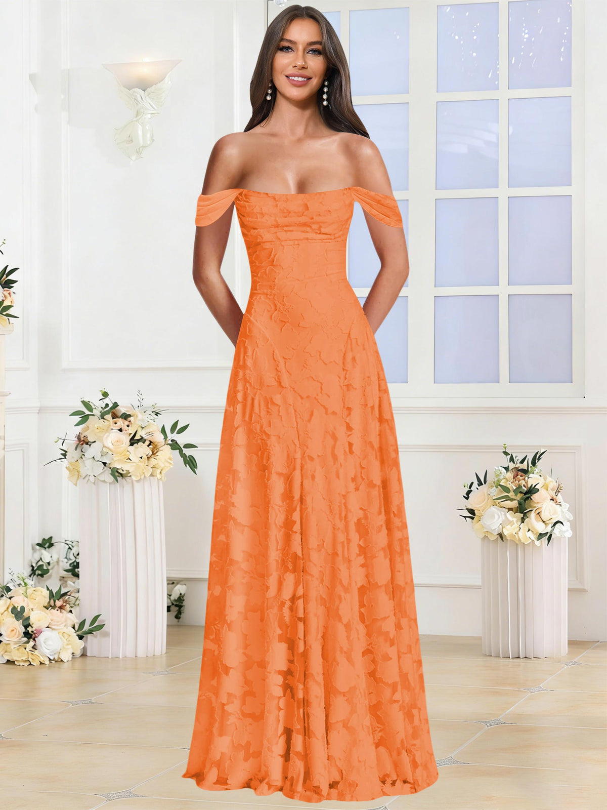 Off the Shoulder Floral Ruched A-line Bridesmaid Dress