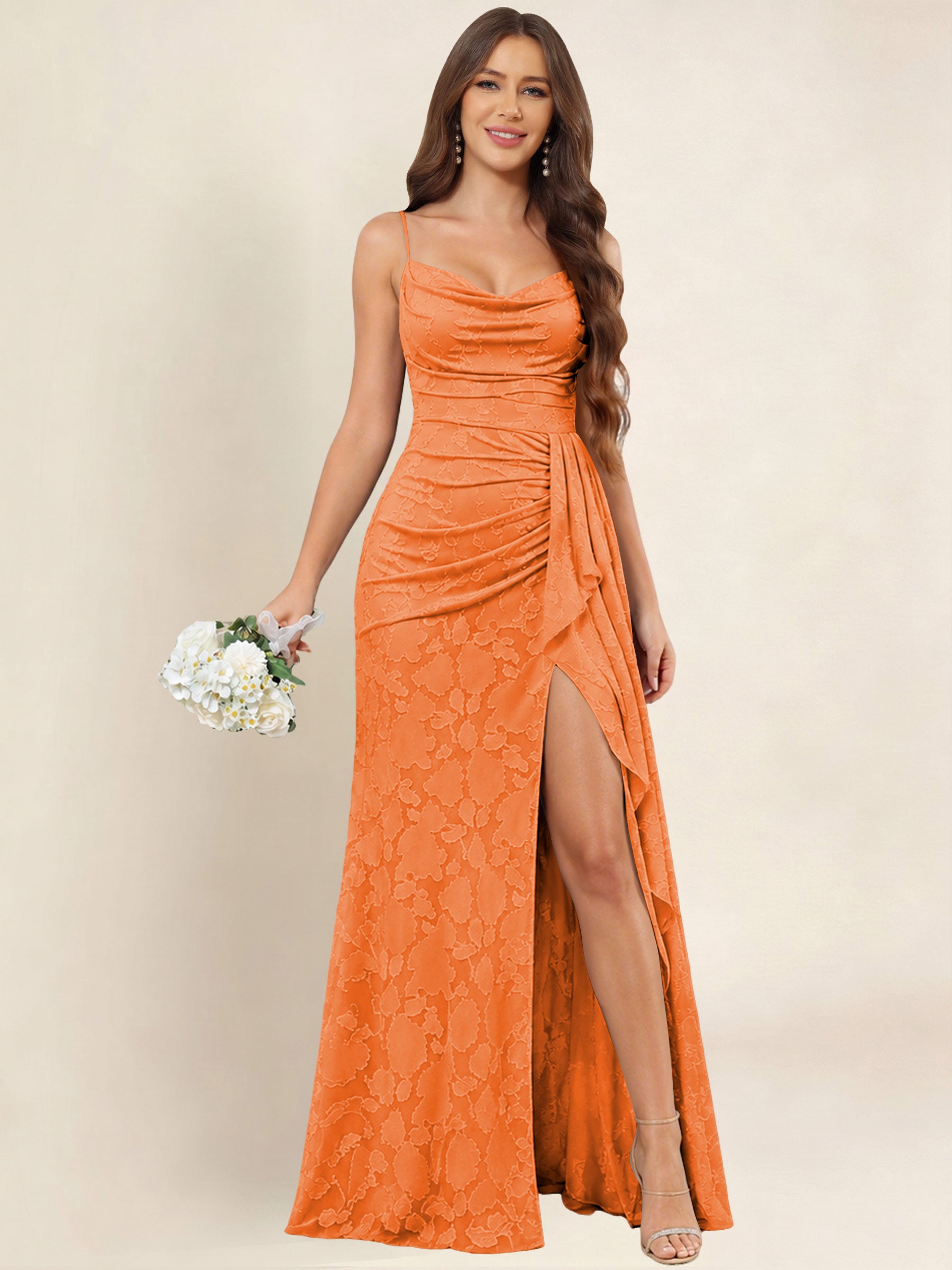 ROVDESY  Cowl Neck Ruffle Mermaid Chiffon Jacquard Bridesmaid/Prom Dress With Slit