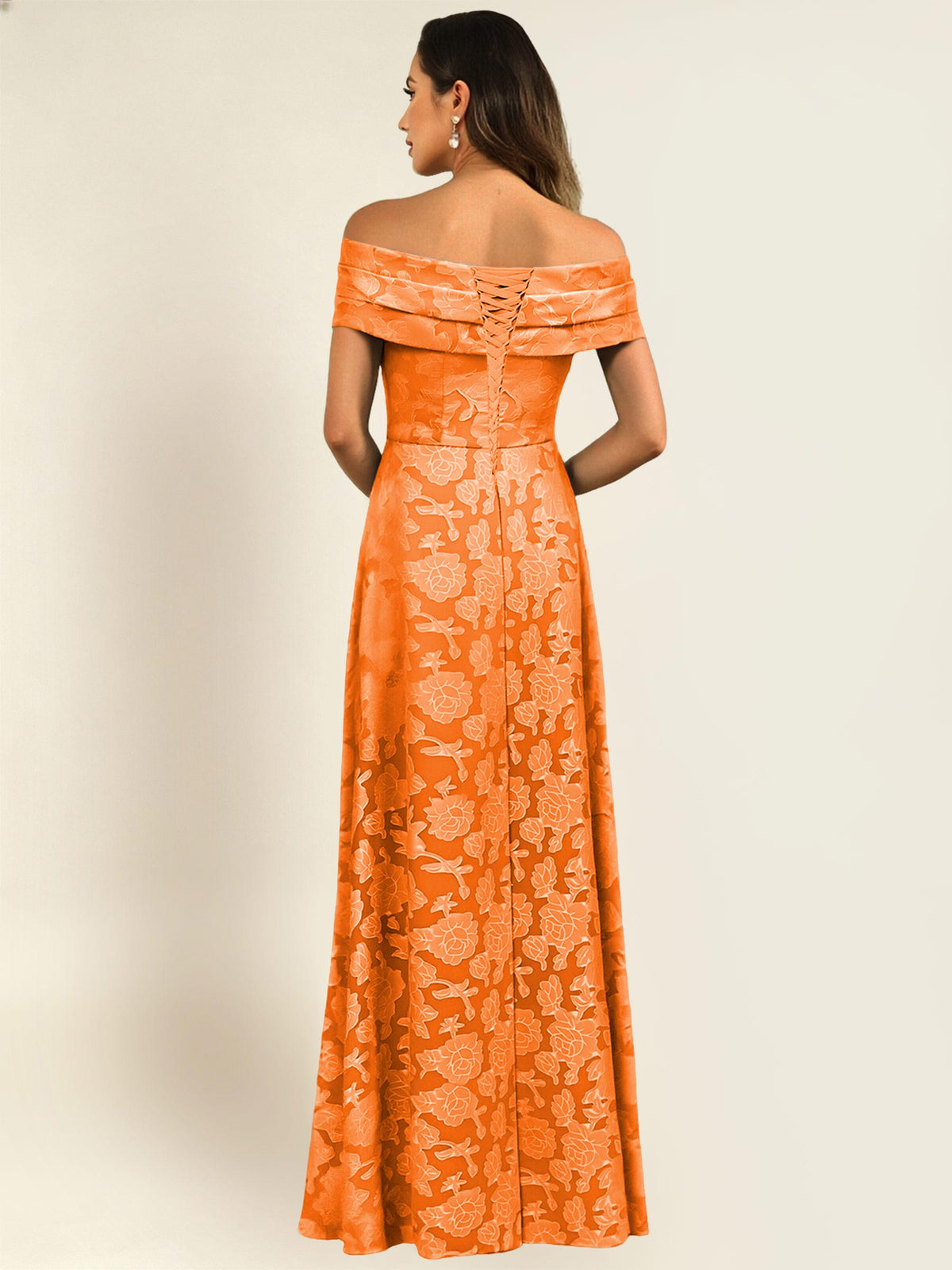 ROVDESY Off the Shoulder Floral Jacquard A-Line Long Mother of the Bride Dress