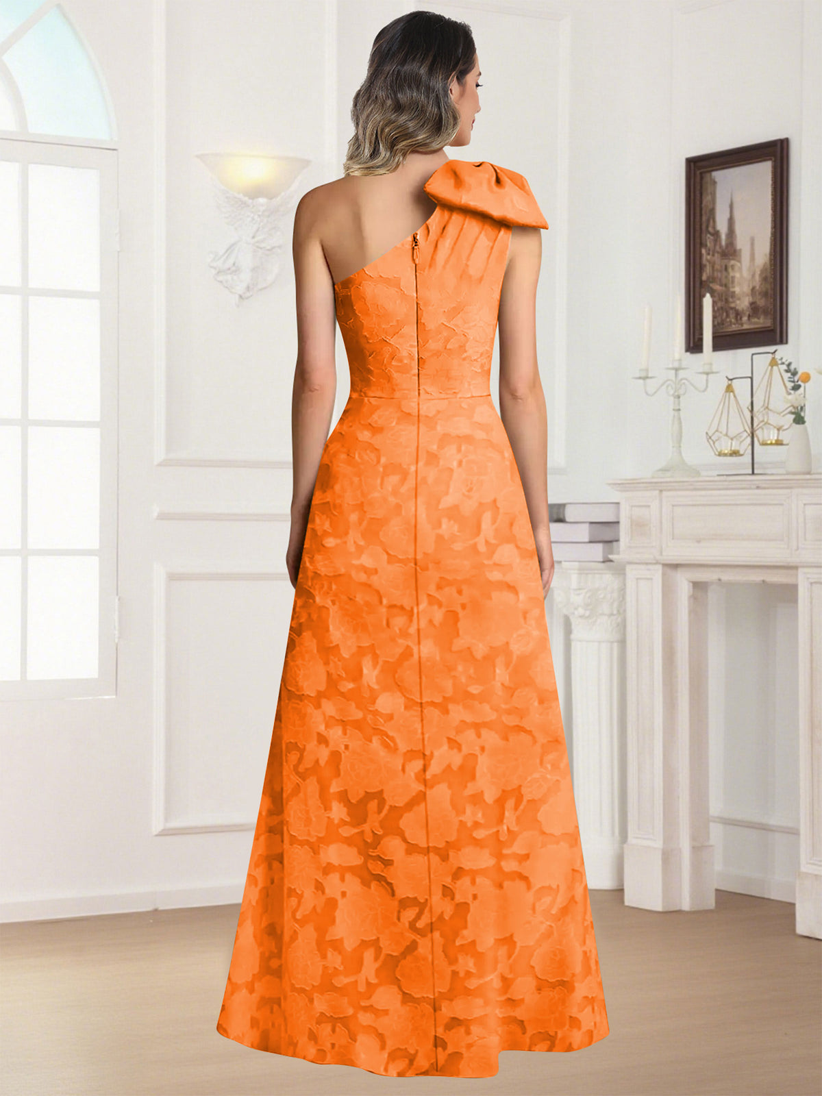 One Shoulder Floral Jacquard Mother of the Bride Dress
