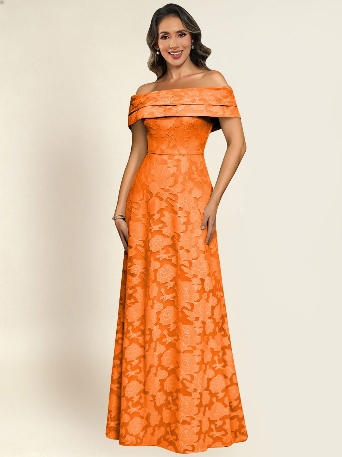 ROVDESY Off the Shoulder Floral Jacquard A-Line Long Mother of the Bride Dress