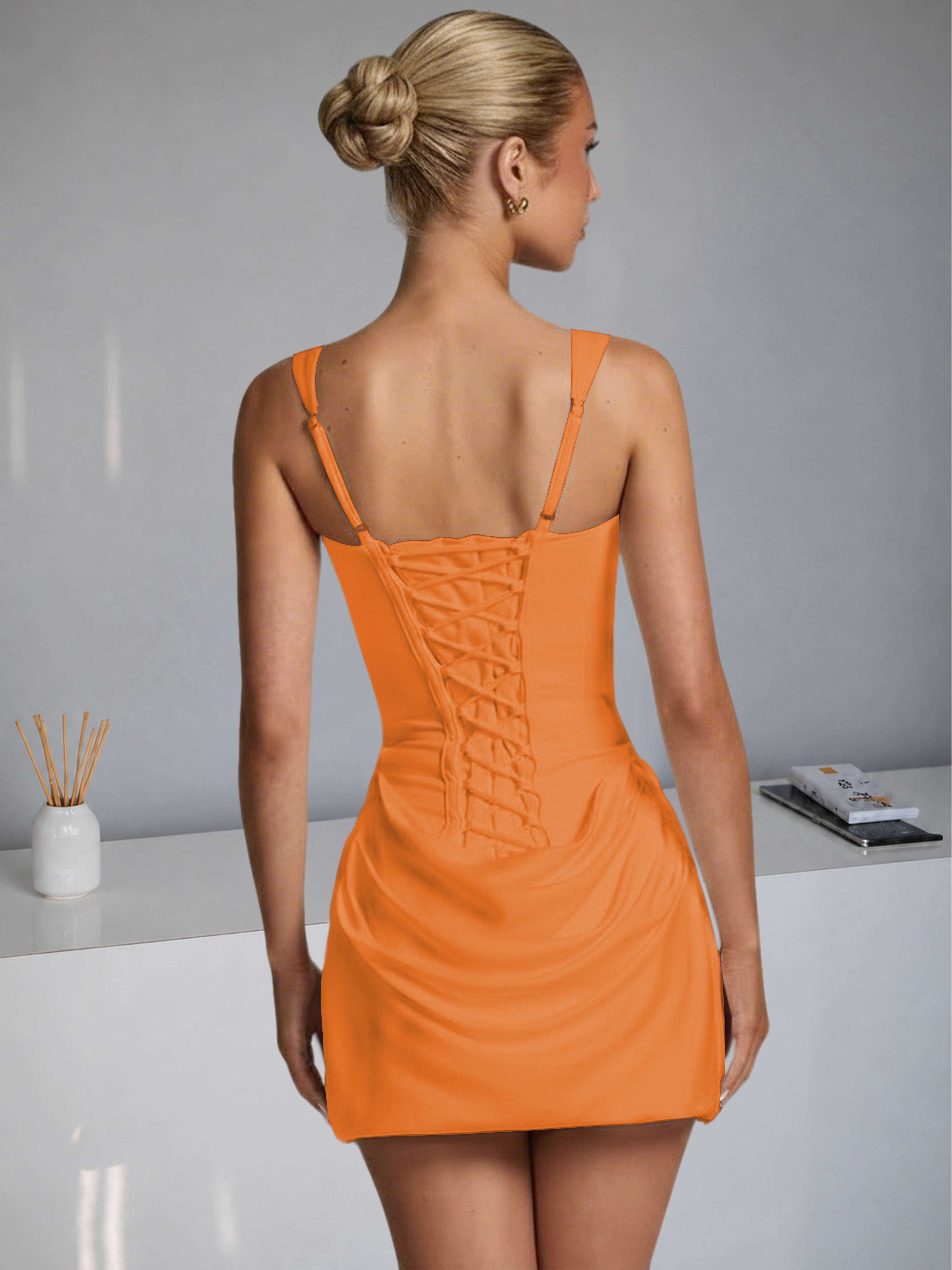 ROVDESY Square Neck Ruched Satin Homecoming Mini Dress