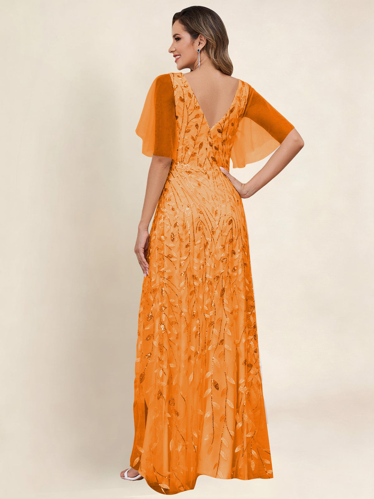V Neck Sequin Tulle A Line Mother of the Bride Dress with Sleeves