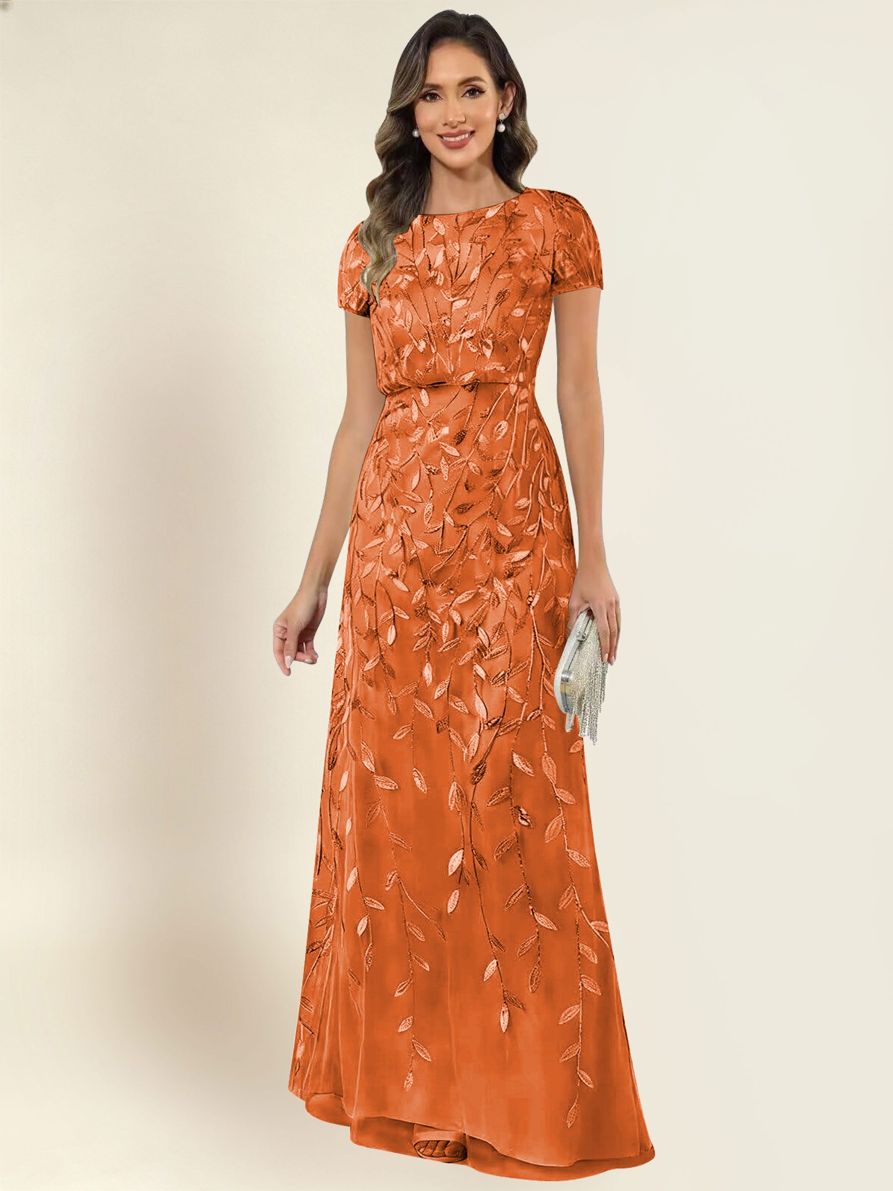 ROVDESY Sequin Mermaid Long Mother Of The Bride Dress With Short Sleeves Formal Gown