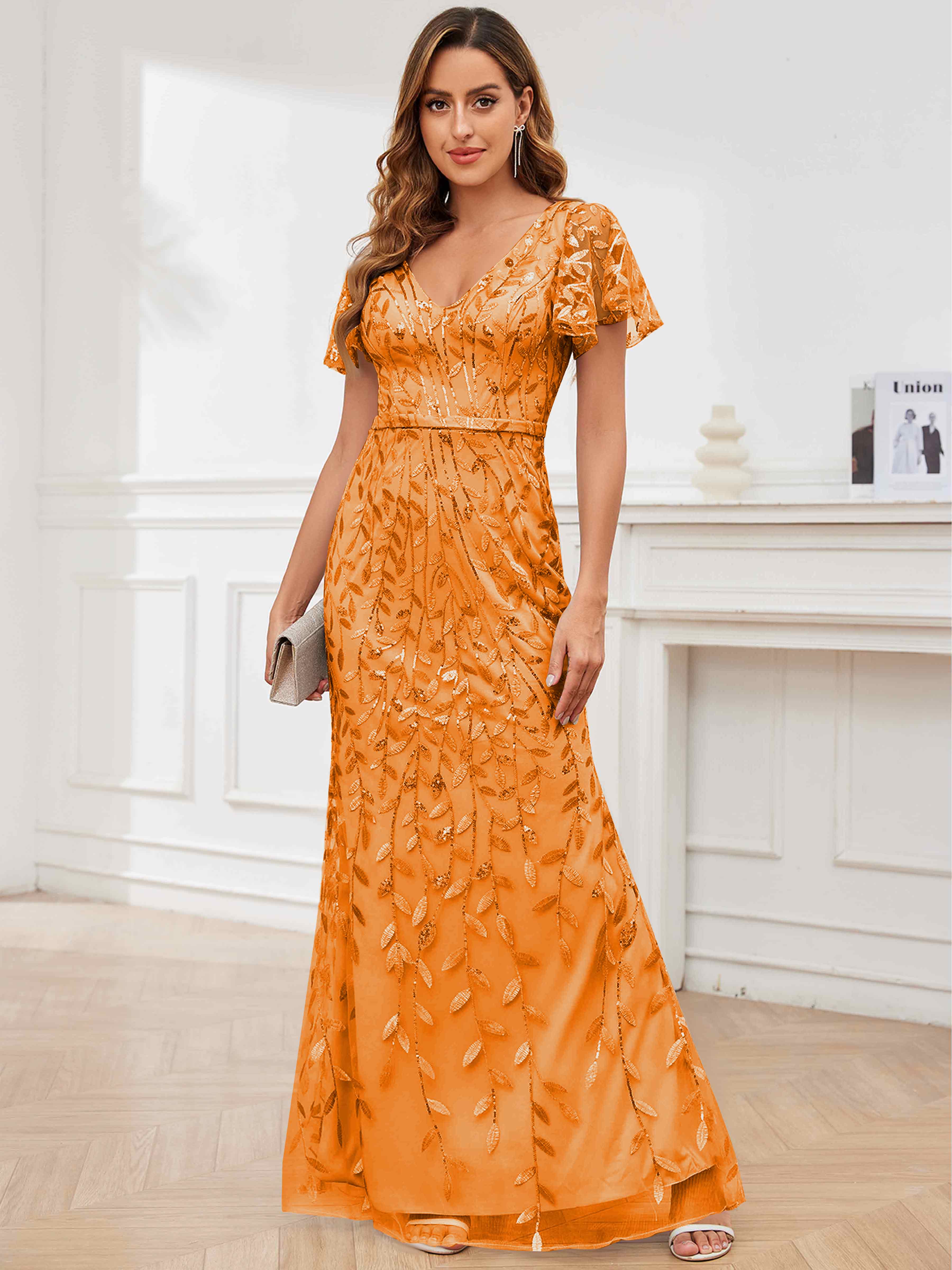 ROVDESY V-Neck Mermaid Sequin Mother Of The Bride Dress With Short Sleeves
