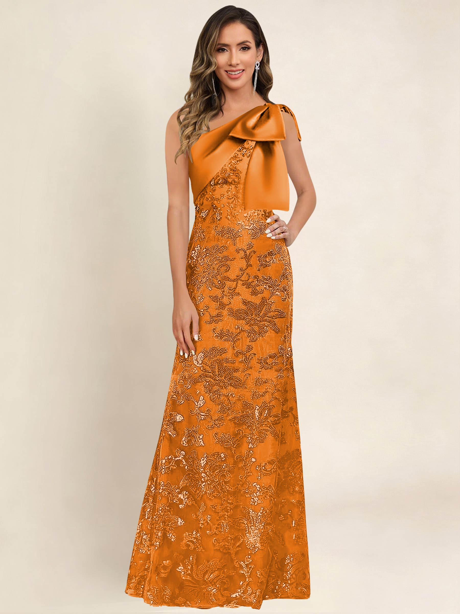 ROVDESY One Shoulder Sequin Mermaid Long Mother Of The Bride Dress Formal Gown With Bow
