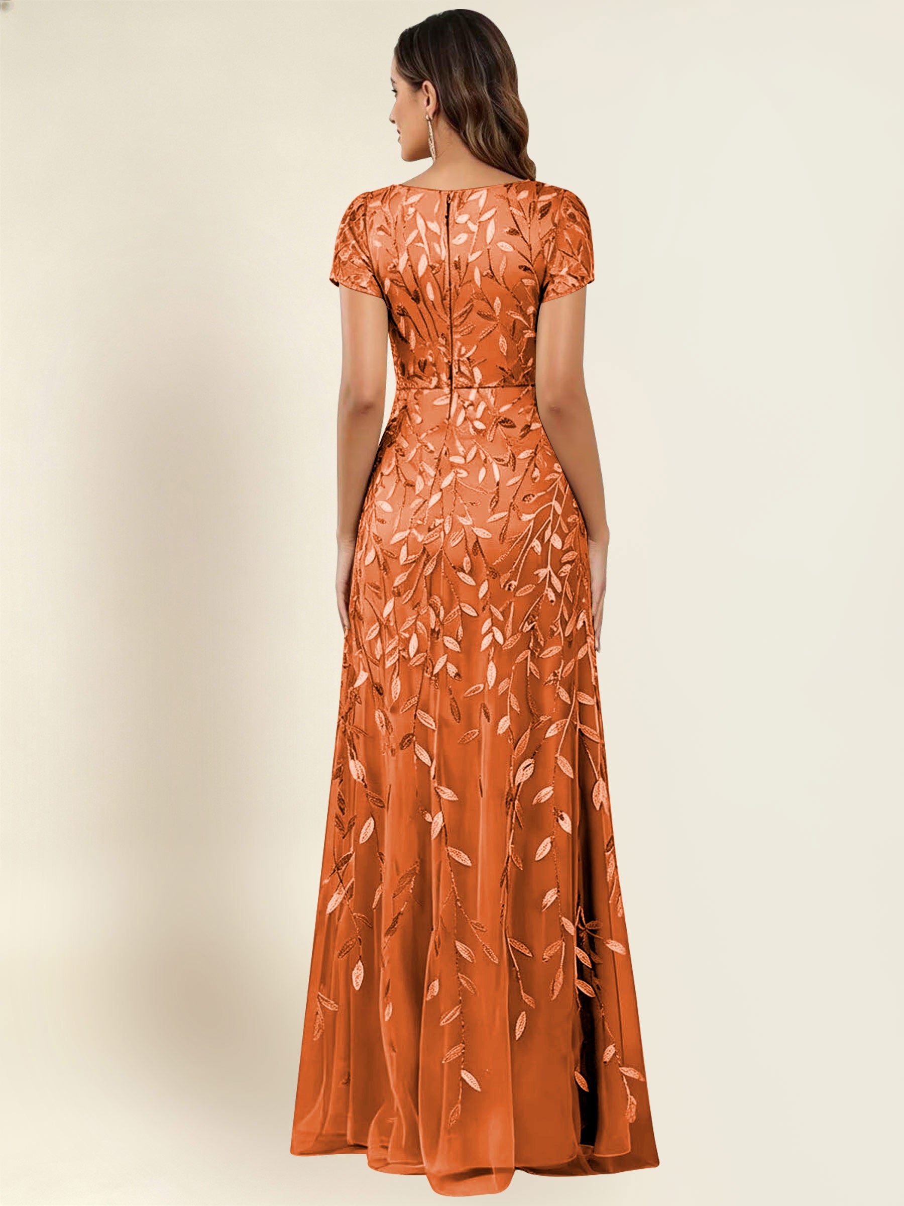 ROVDESY Sequin Mermaid Long Mother Of The Bride Dress With Short Sleeves Formal Gown