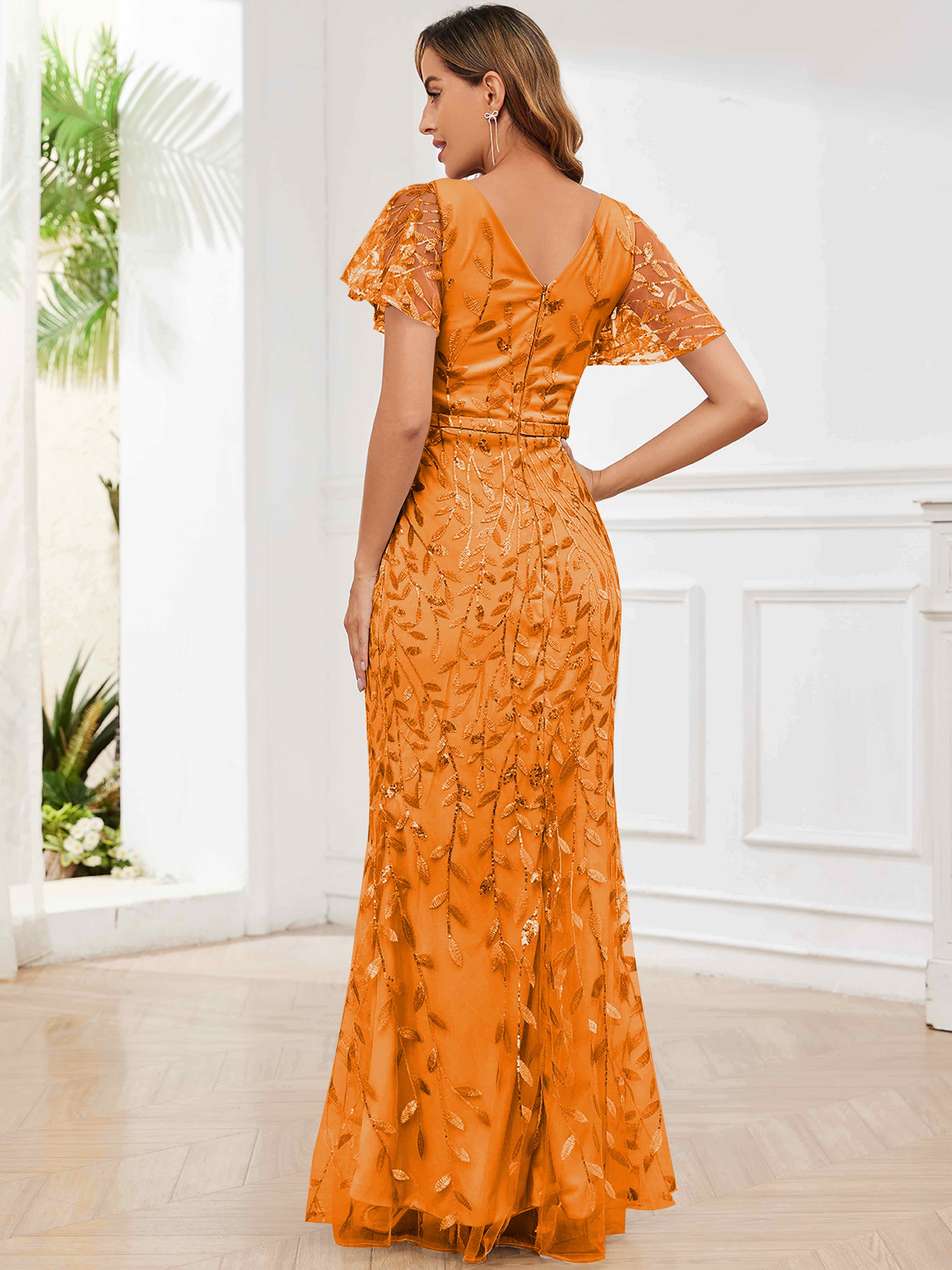 ROVDESY V-Neck Mermaid Sequin Mother Of The Bride Dress With Short Sleeves