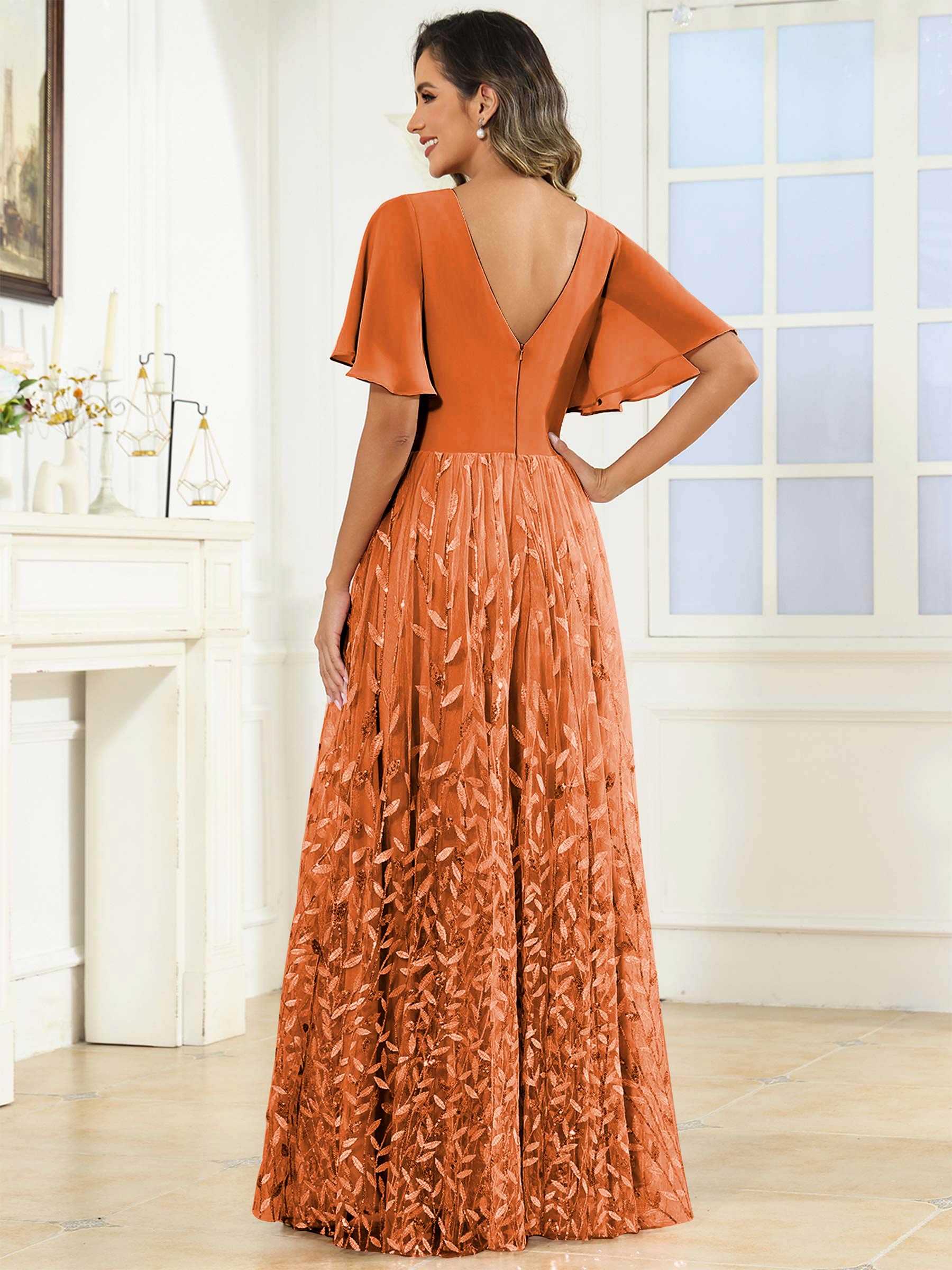 ROVDESY A-Line V-Neck Chiffon Sequin Mother Of The Bride Dress With Short Sleeves
