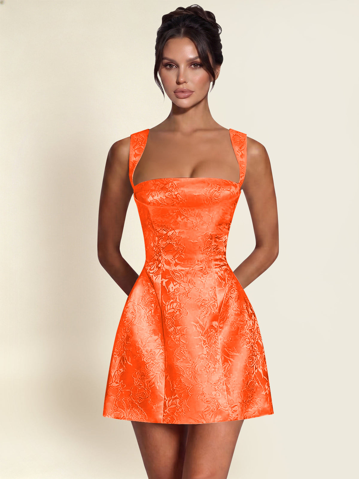 ROVDESY A-Line Square Neck Jacquard Satin Homecoming Mini Dress