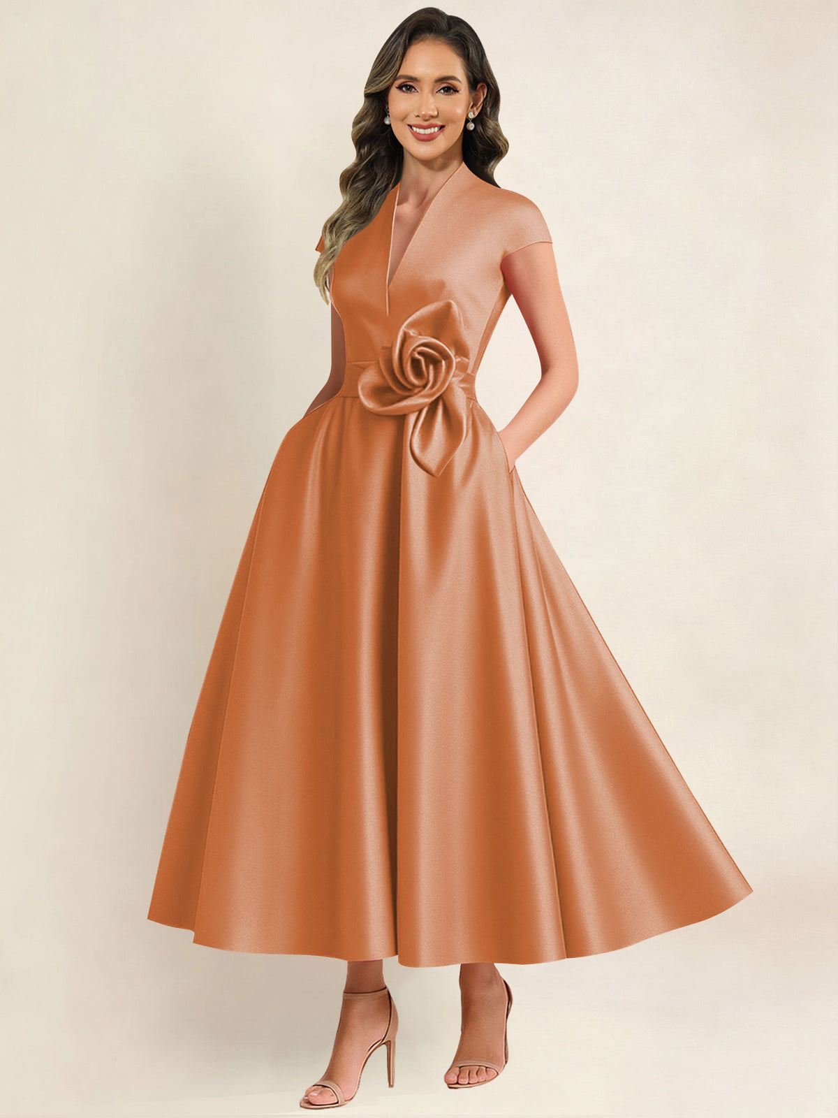 A Line V Neck 3D Flower Satin Mother of the Bride Dress