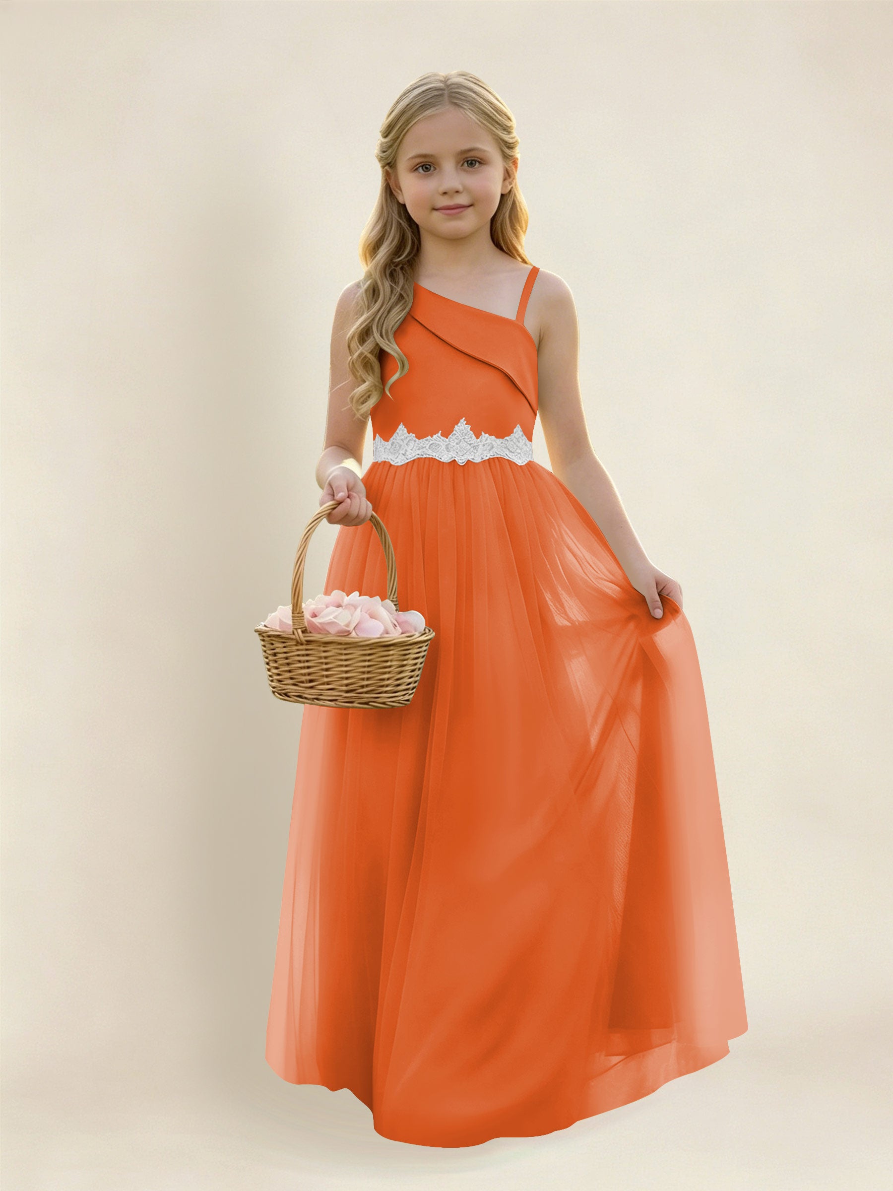 ROVDESY Asymmetric One Shoulder  Satin  Tulle Junior Bridesmaid Dress