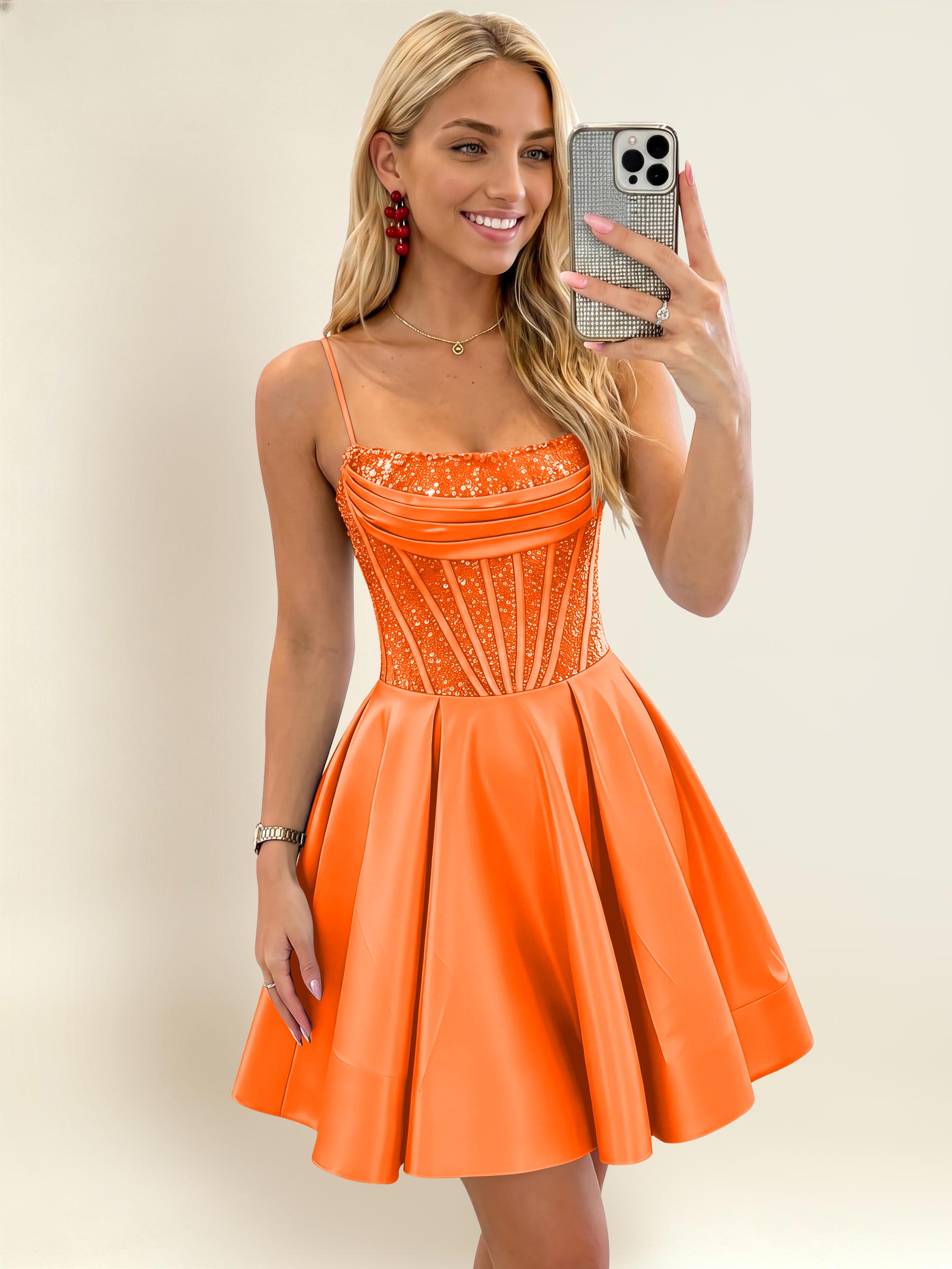 ROVDESY A-Line Spaghetti Strap Sequin Corset Satin Homecoming Mini Dress