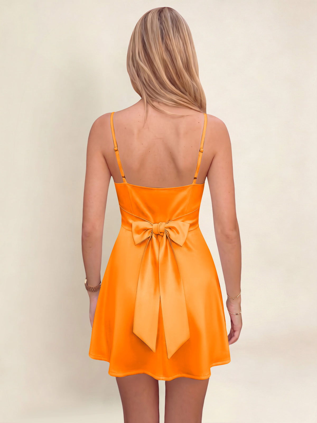 ROVDESY A-Line Spaghetti Strap Cowl Neck Satin Mini Homecoming Dress With Bow