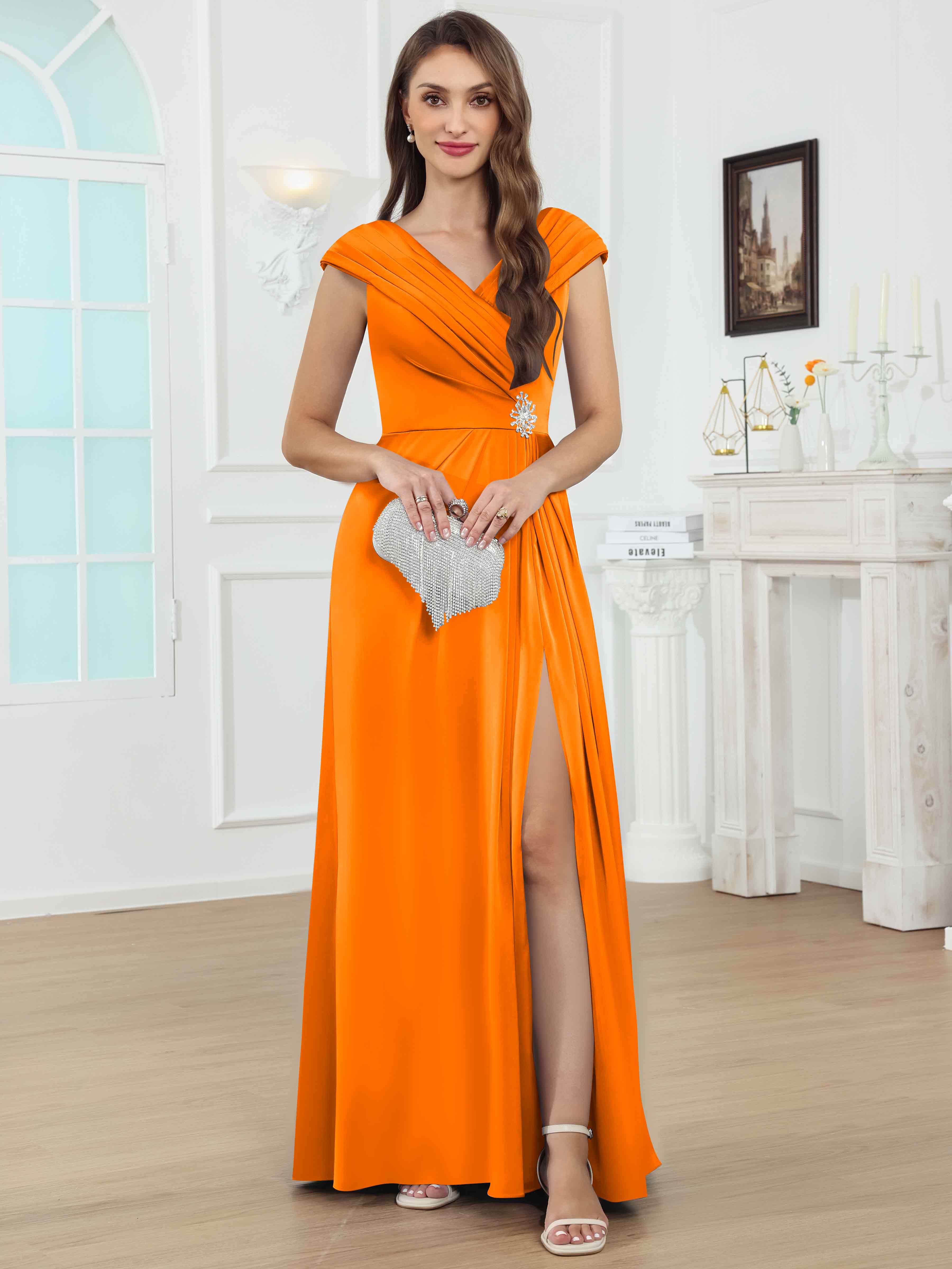 ROVDESY V-Neck Off The Shoulder Pleated Satin Mother Of The Bride Dress With Slit