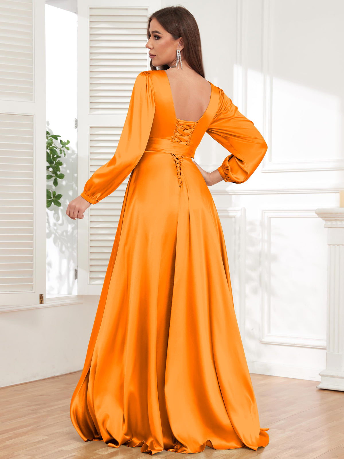V Neck Satin Long Sleeve Bridesmaid Dress with Slit