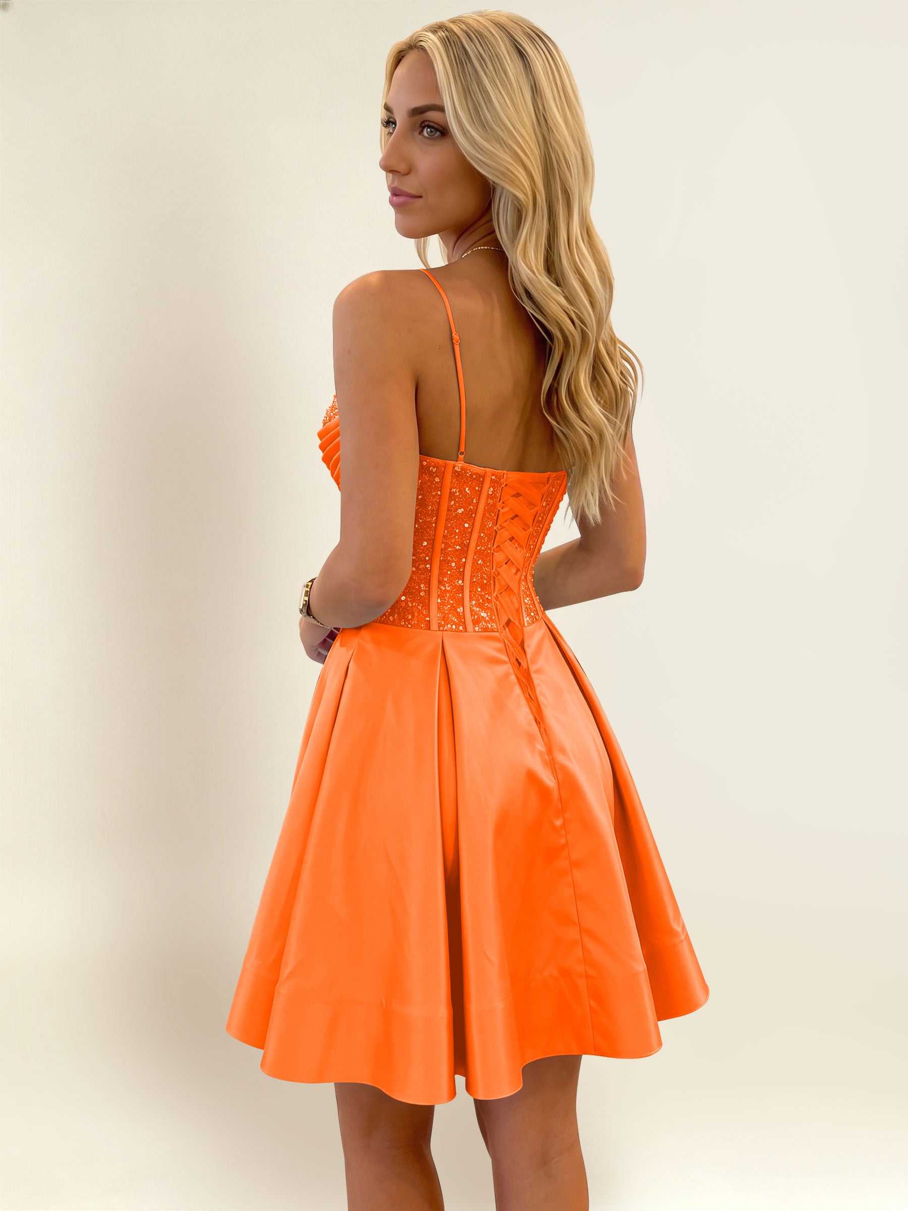 ROVDESY A-Line Spaghetti Strap Sequin Corset Satin Homecoming Mini Dress