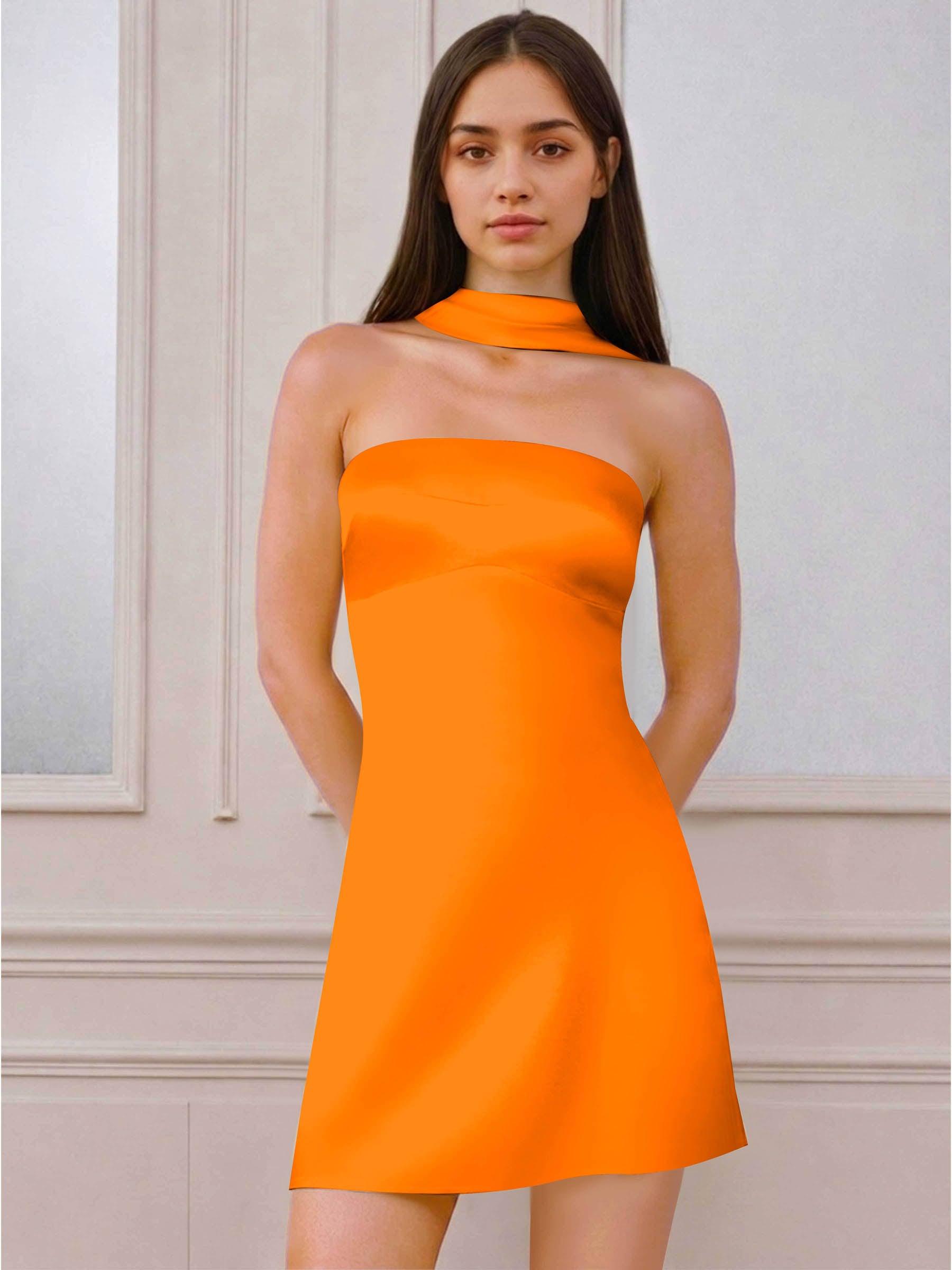 ROVDESY A-Line Halter Neck Satin Homecoming Mini Dress