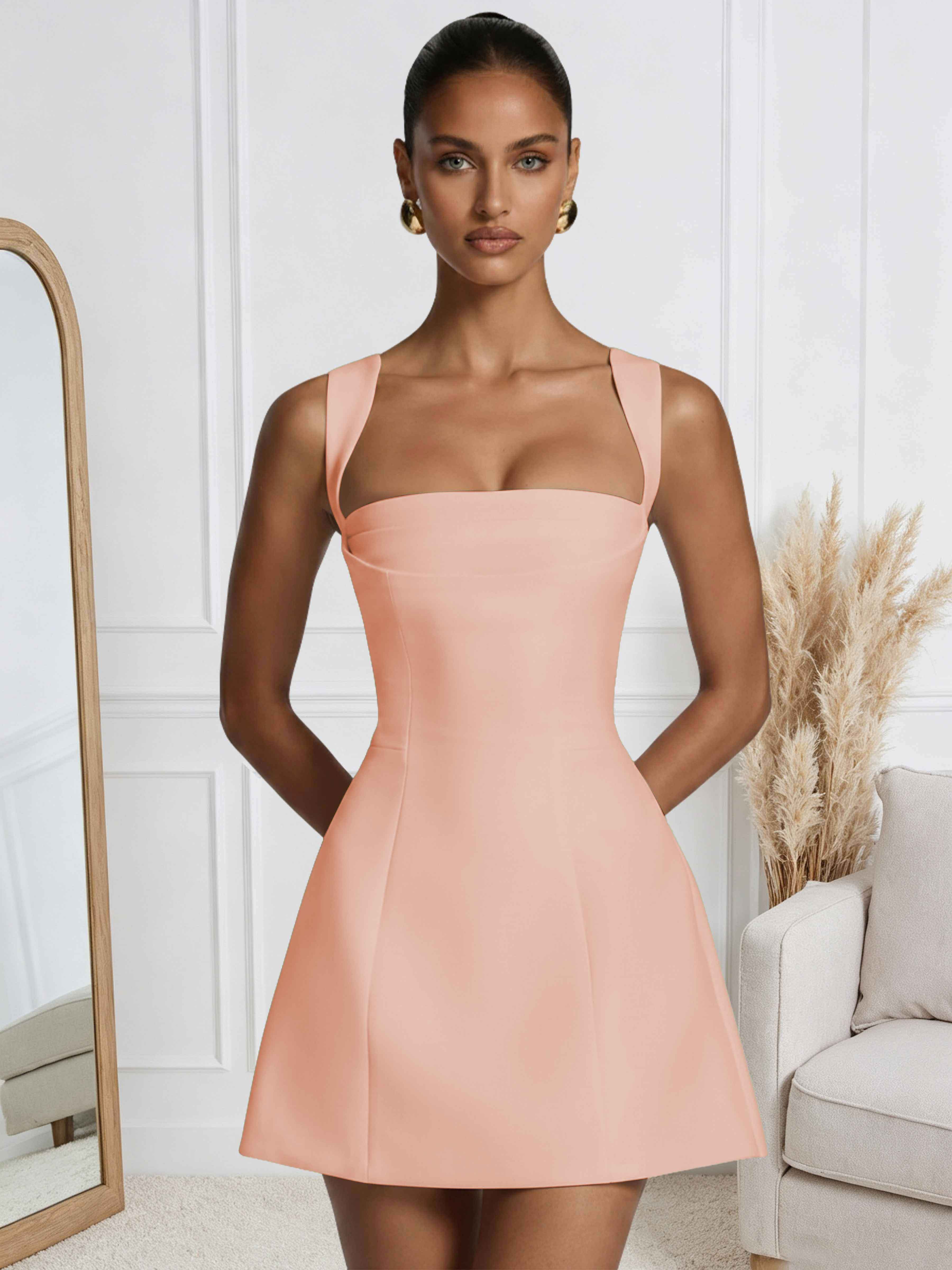 ROVDESY A-Line Square Neck Satin Homecoming Mini Dress