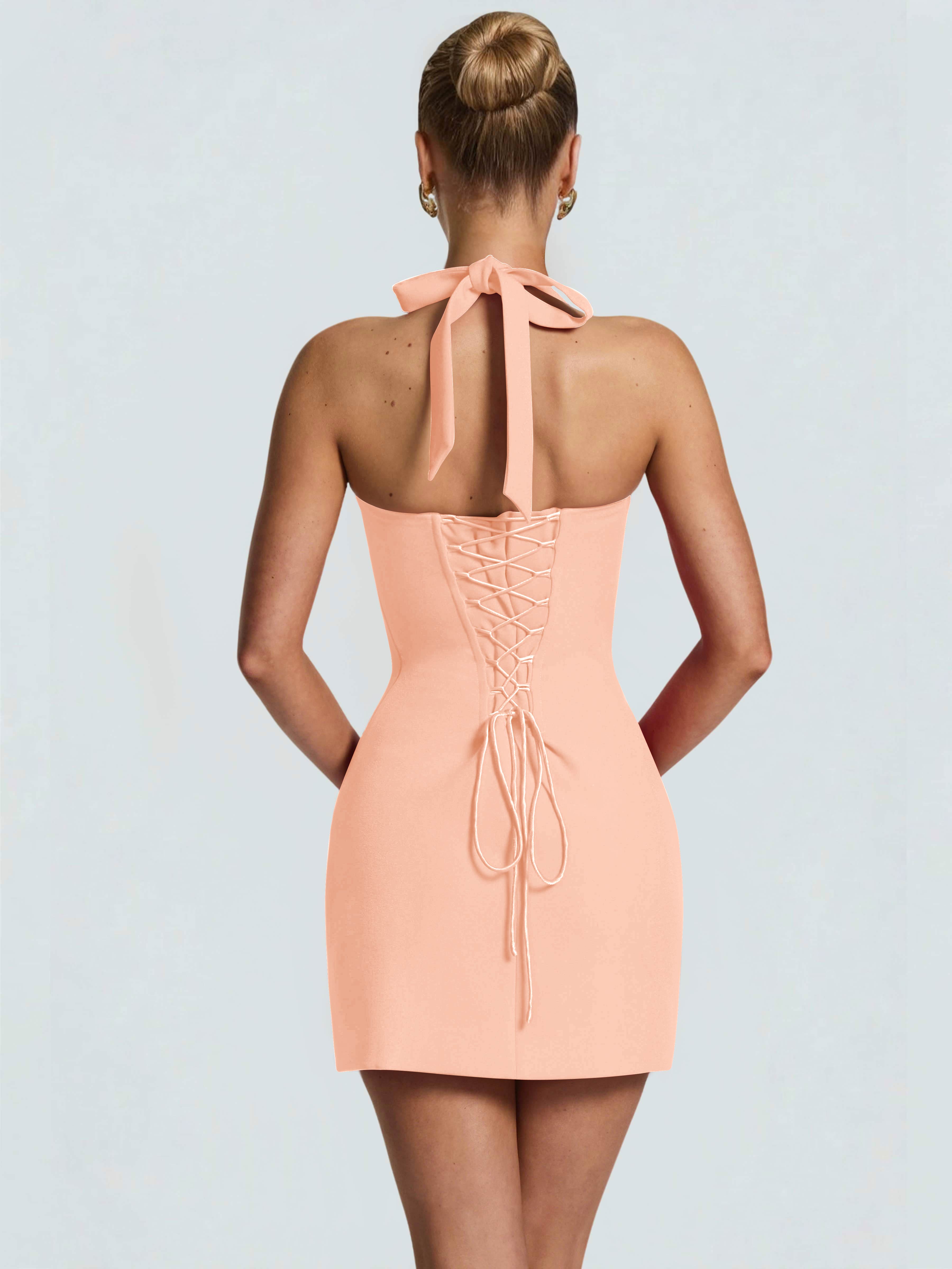 ROVDESY Halter Lace Satin Tight Homecoming Mini Dress