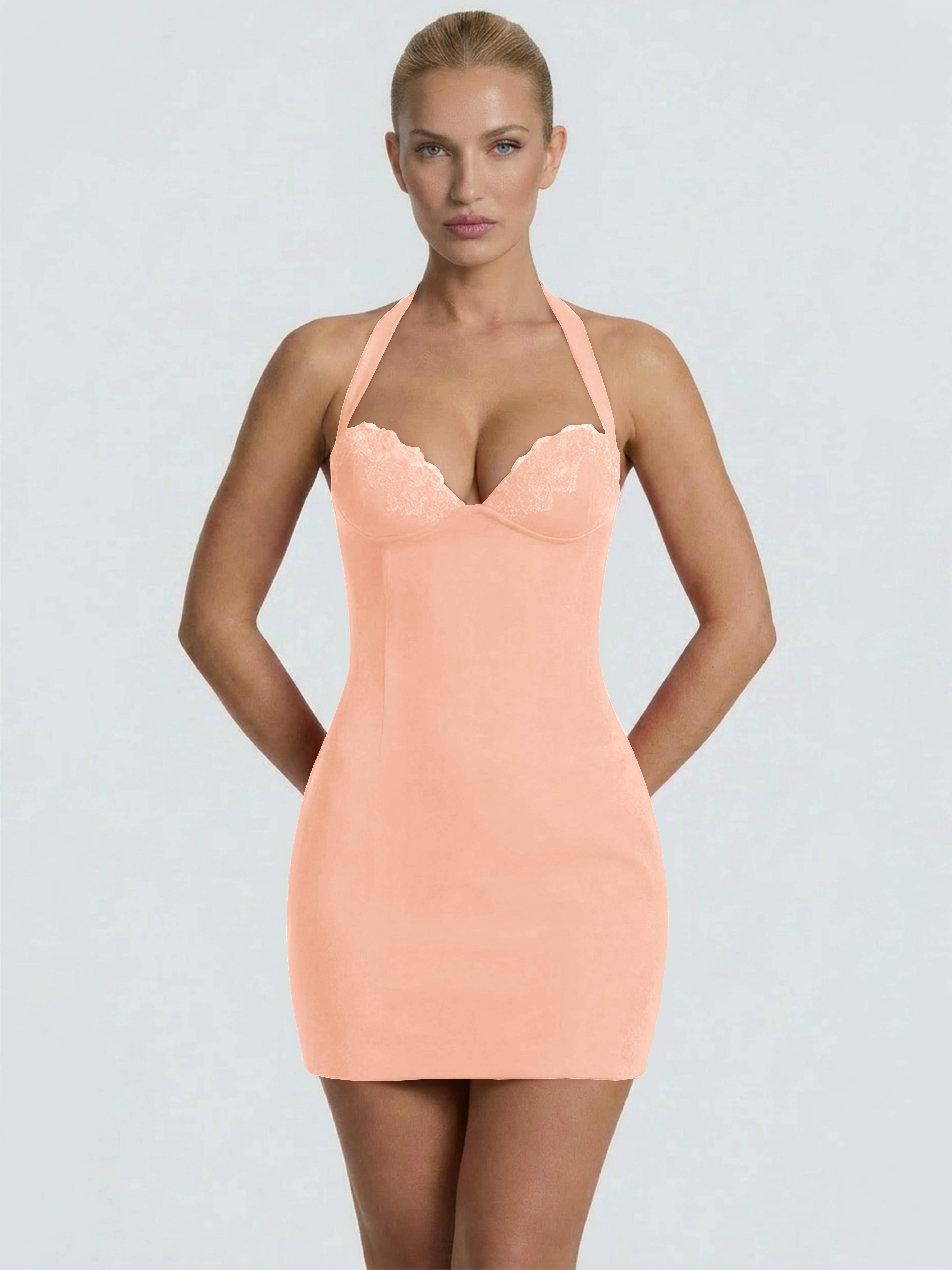 ROVDESY Halter Lace Satin Tight Homecoming Mini Dress