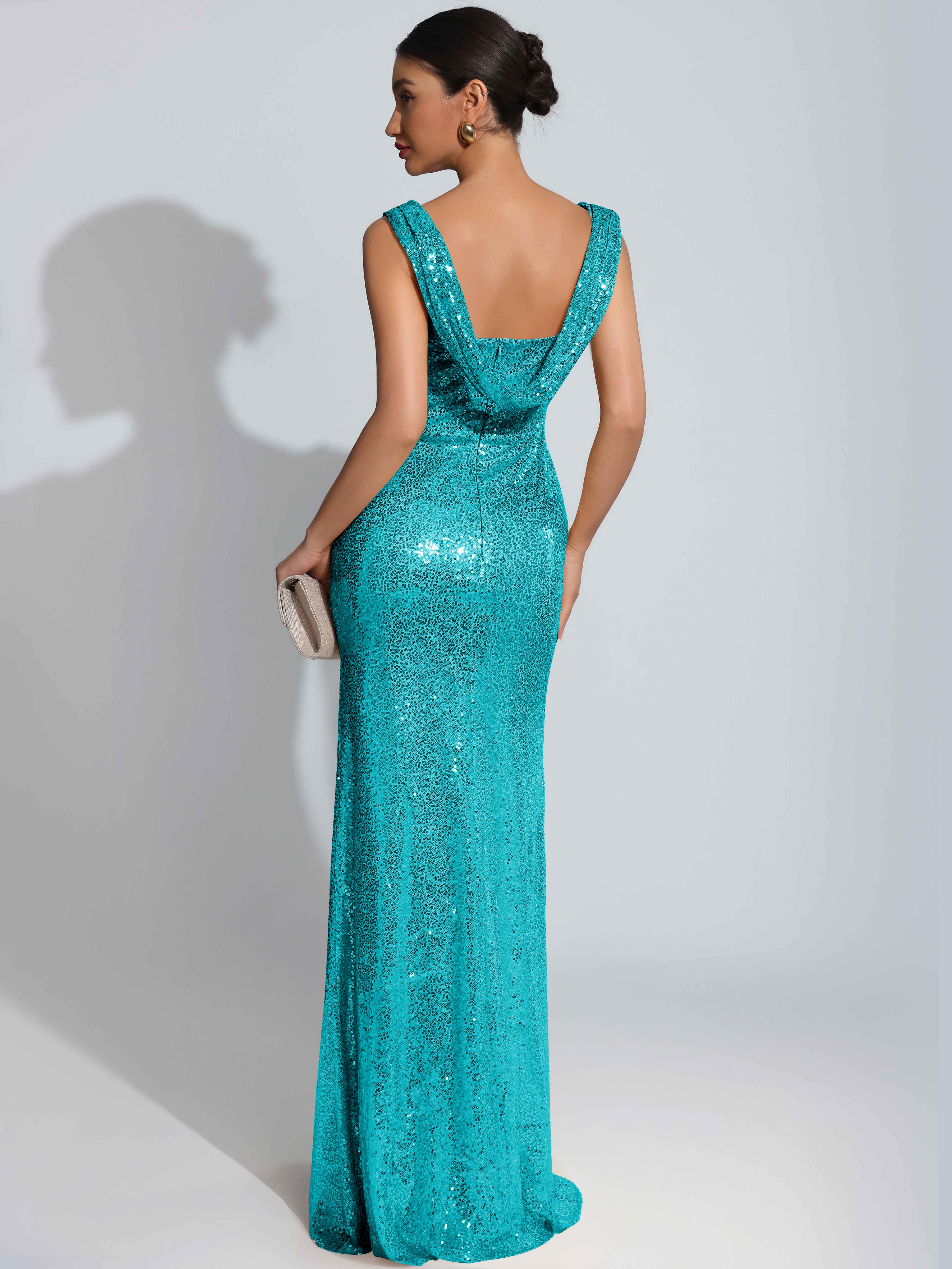 ROVDESY Sparkly Bateau Mermaid Ruched Sequin Long Prom Dress with Slit