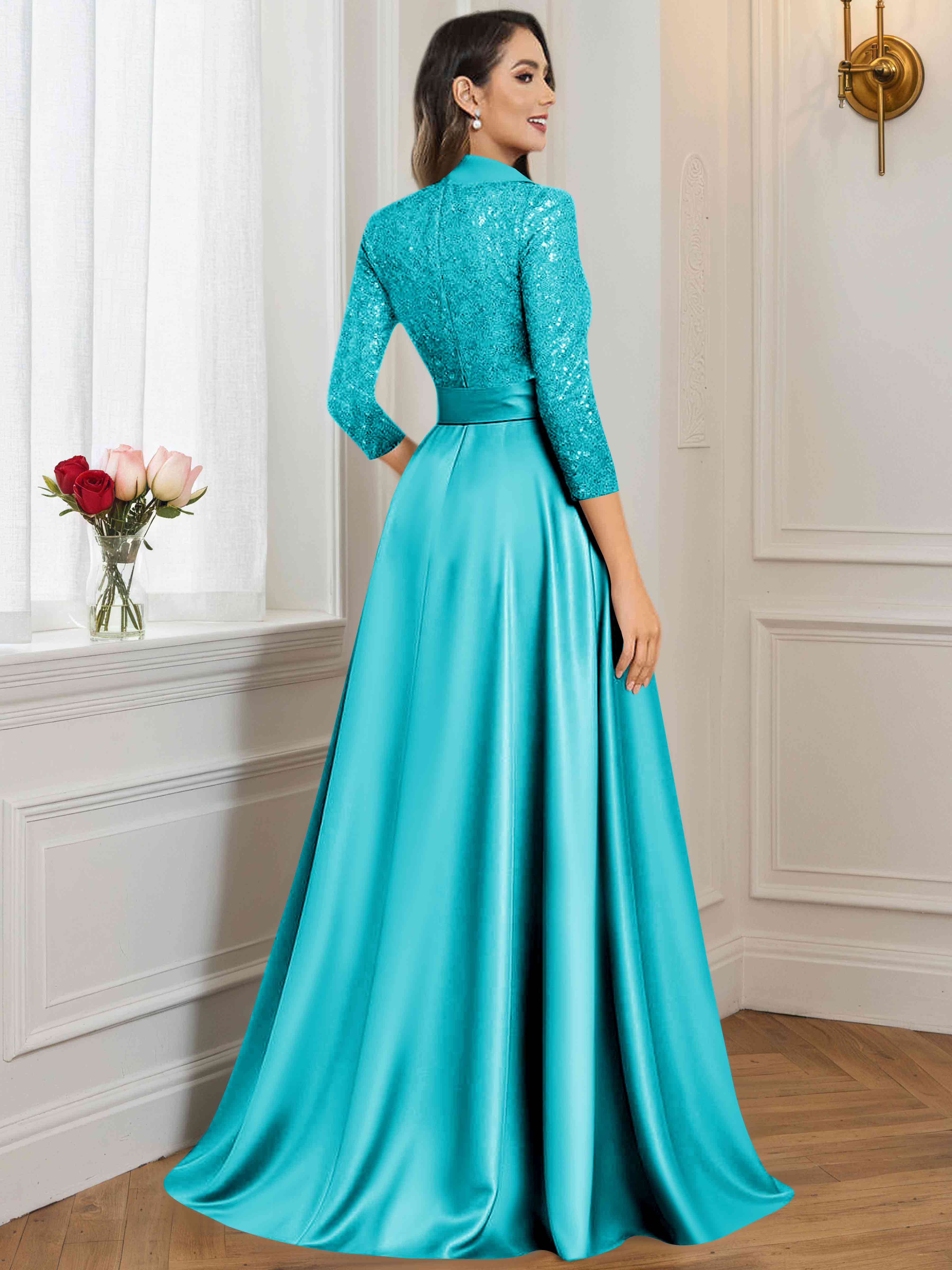 ROVDESY A-Line V Neck Sequin Satin  Long Mother of The Bride Dress Formal Gown With 3/4 Sleeves