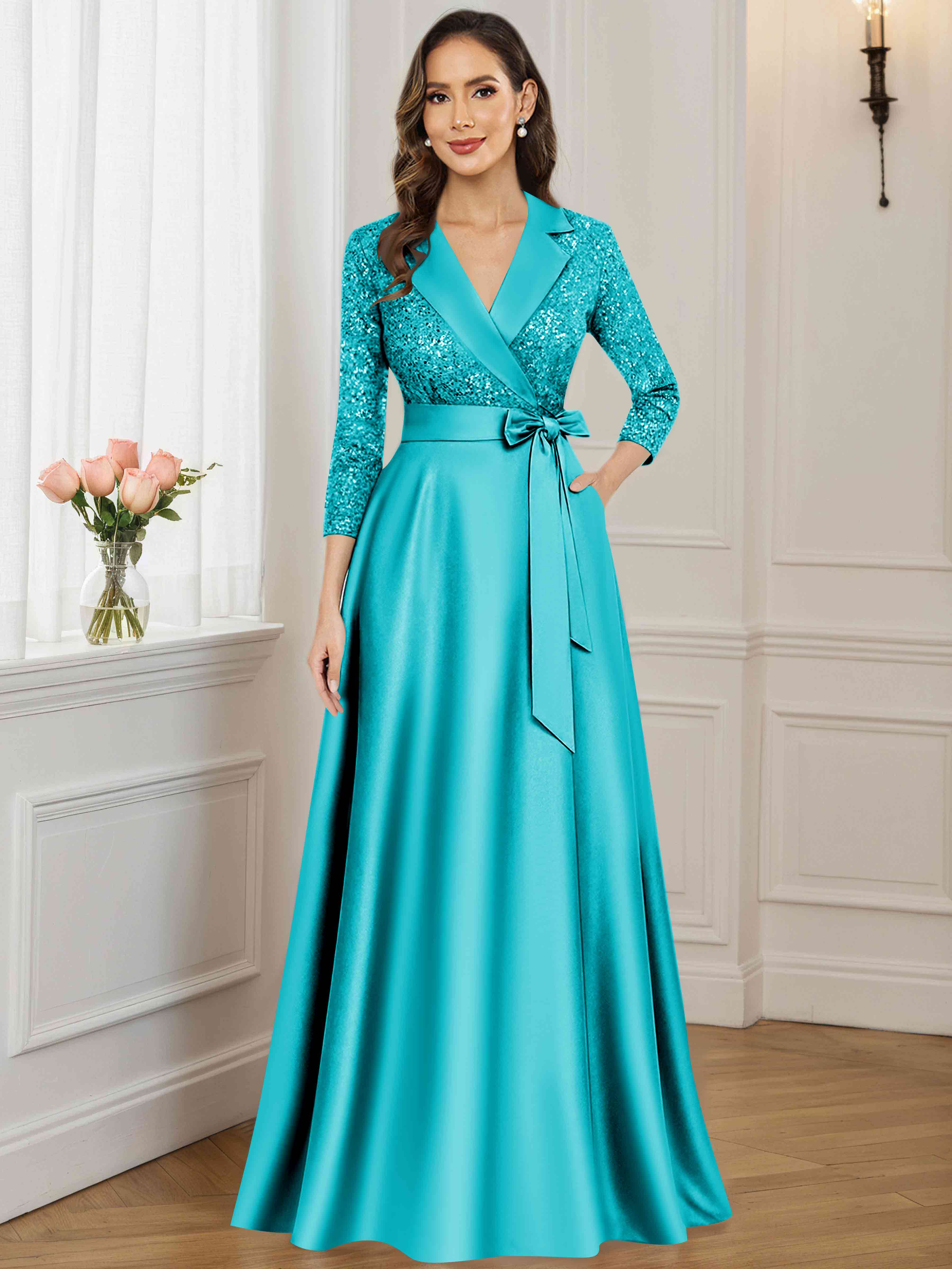 ROVDESY A-Line V Neck Sequin Satin  Long Mother of The Bride Dress Formal Gown With 3/4 Sleeves