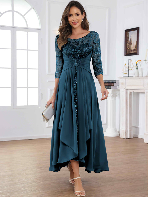 Tea Length Lace Chiffon Mother of The Bride Dress with 3/4 Sleeves