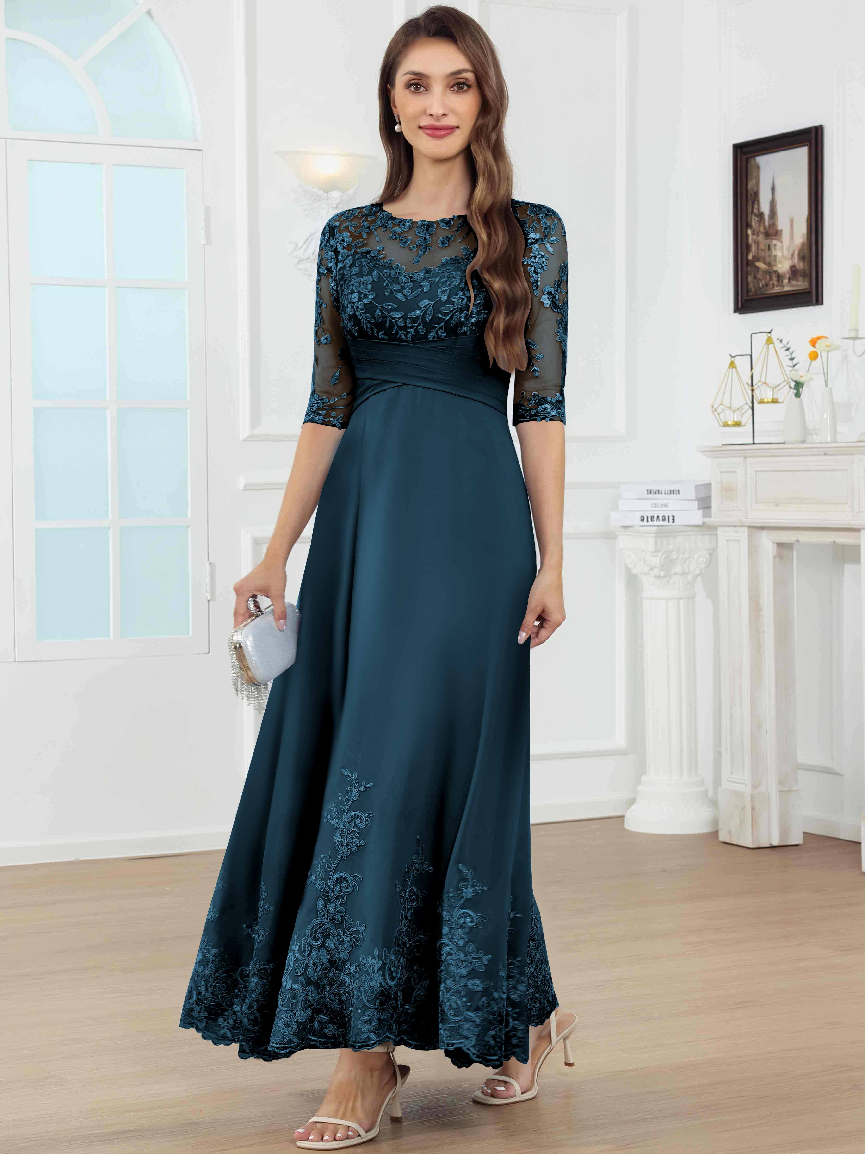 ROVDESY A-Line Lace Sequin Pleated Chiffon Mother Of The Bride Dress With Half Sleeves