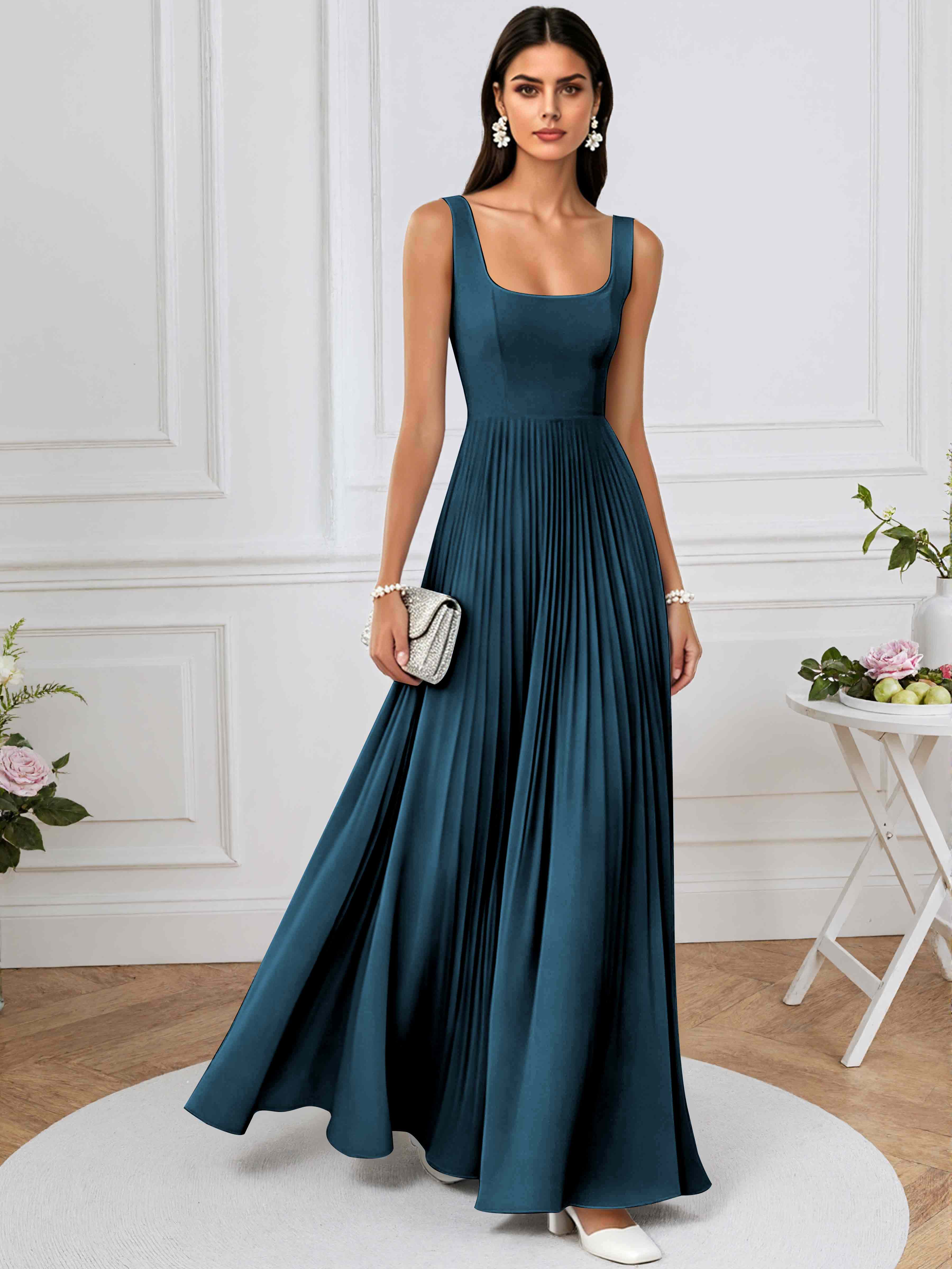 ROVDESY A-Line Square Neck Pleated Chiffon Long Bridesmaid/Prom Dress