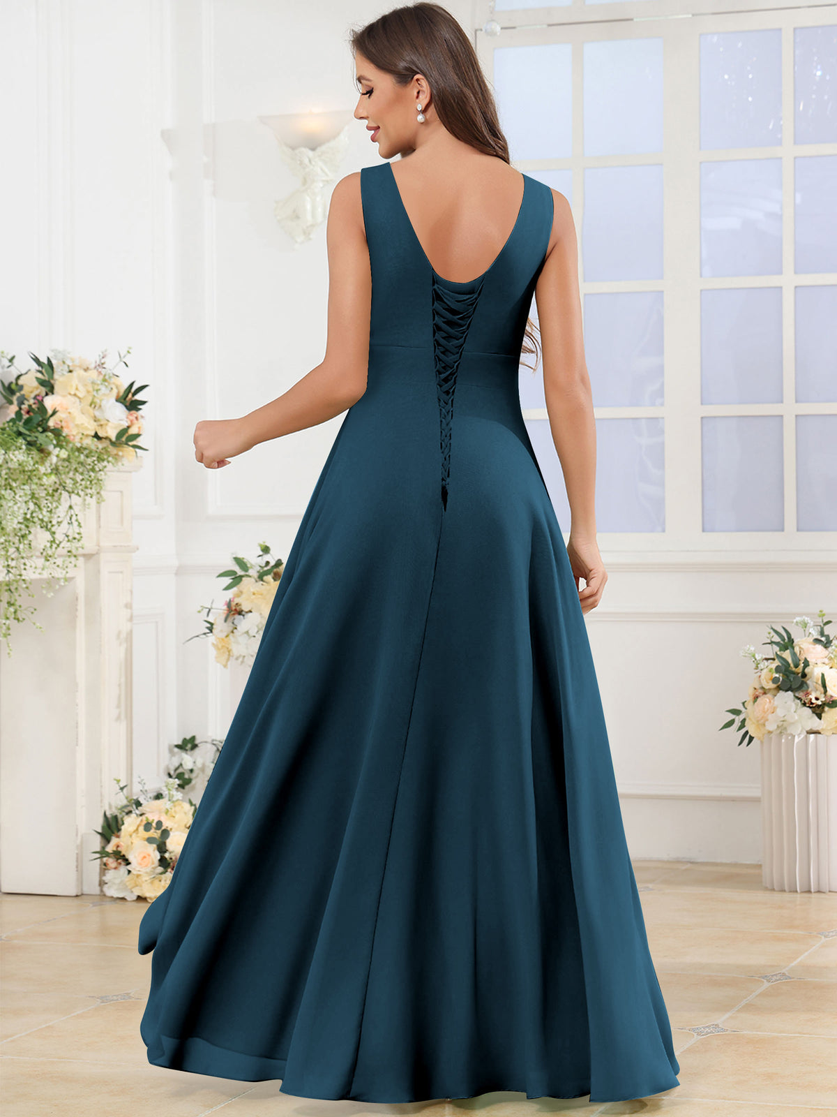 V Neck Chiffon A Line Ruffle Bridesmaid Dress with Slit