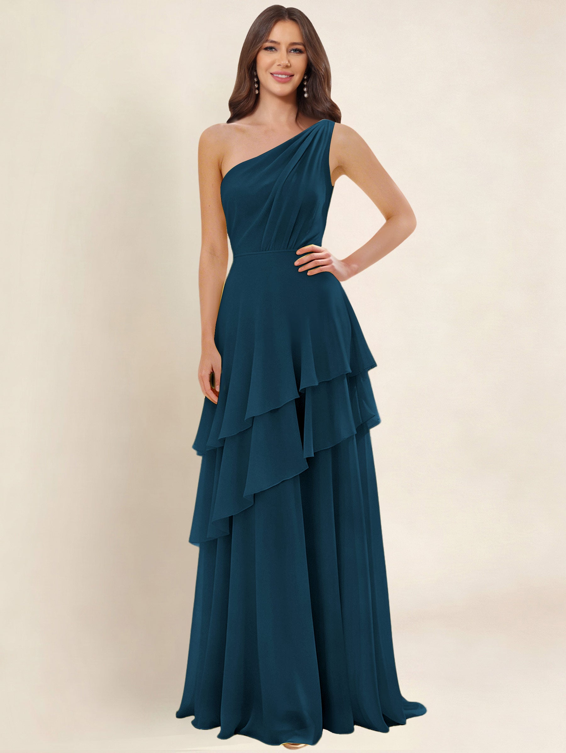 ROVDESY A-Line One Shoulder Pleated Tiered Chiffon Bridesmaid Dress