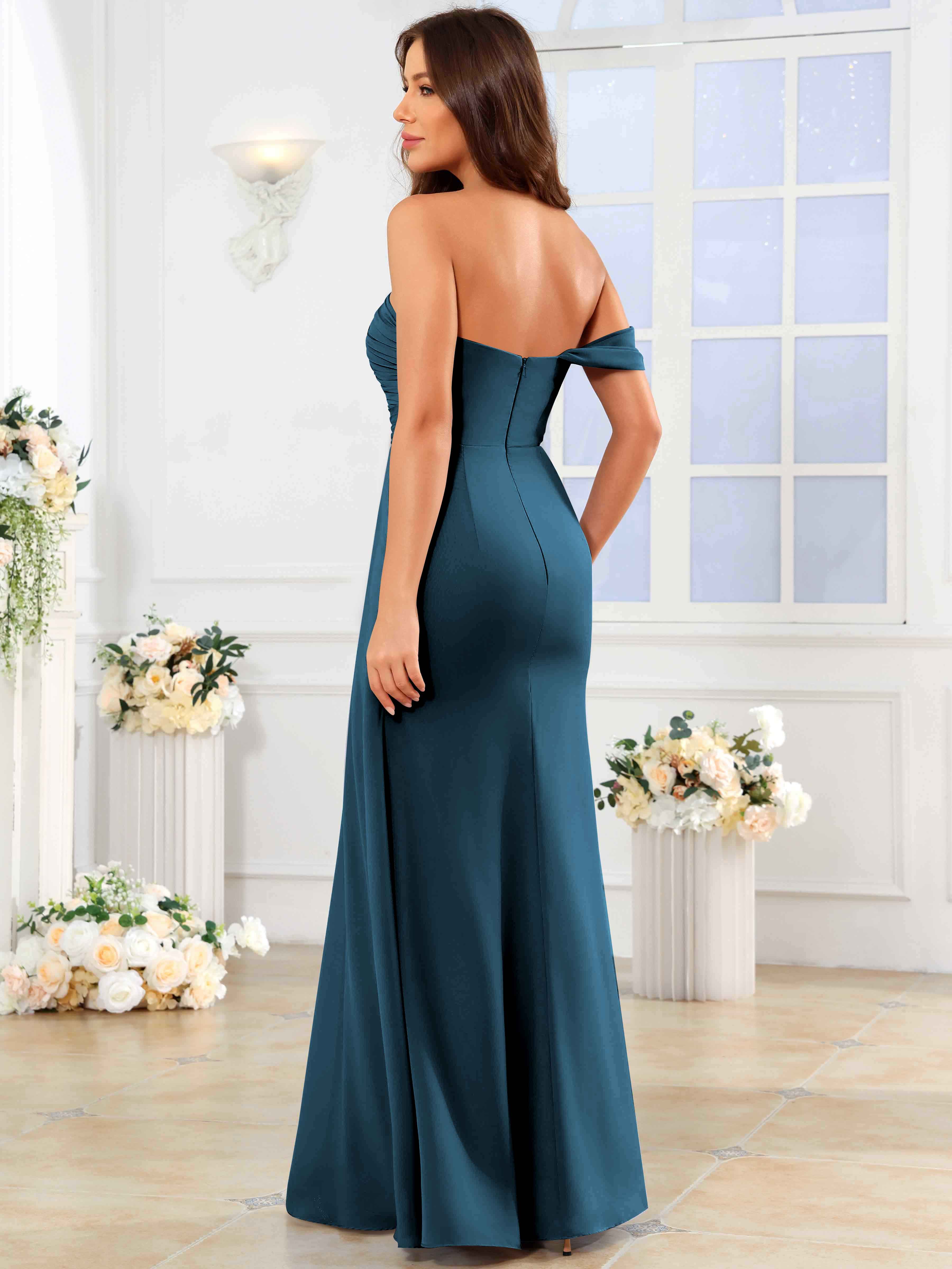 ROVDESY One Shoulder Off The Shoulder Pleated Chiffon Bridesmaid Dress