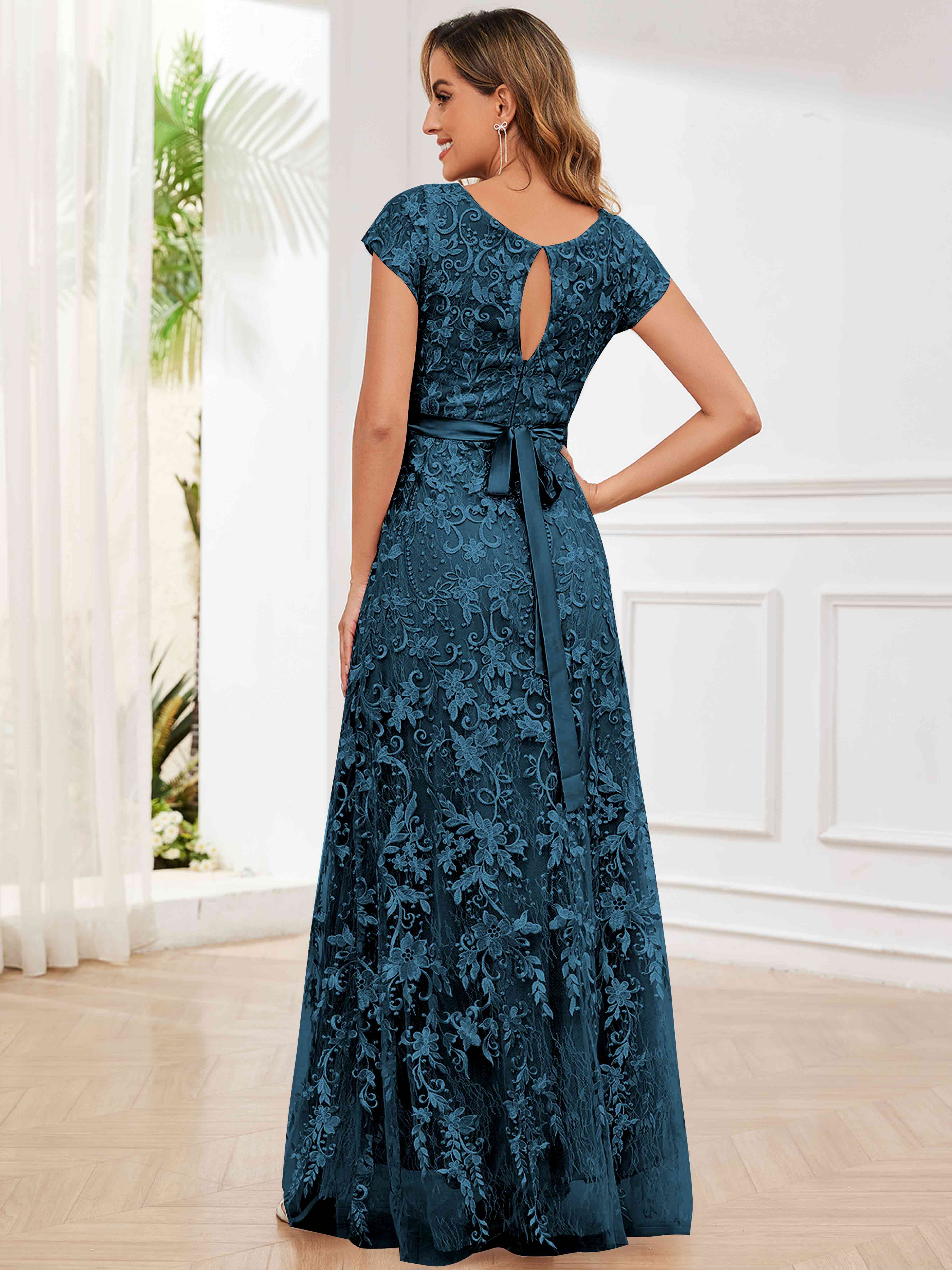 ROVDESY Elegant Lace Mother Of The Bride Dress With Short Sleeves Formal Gown