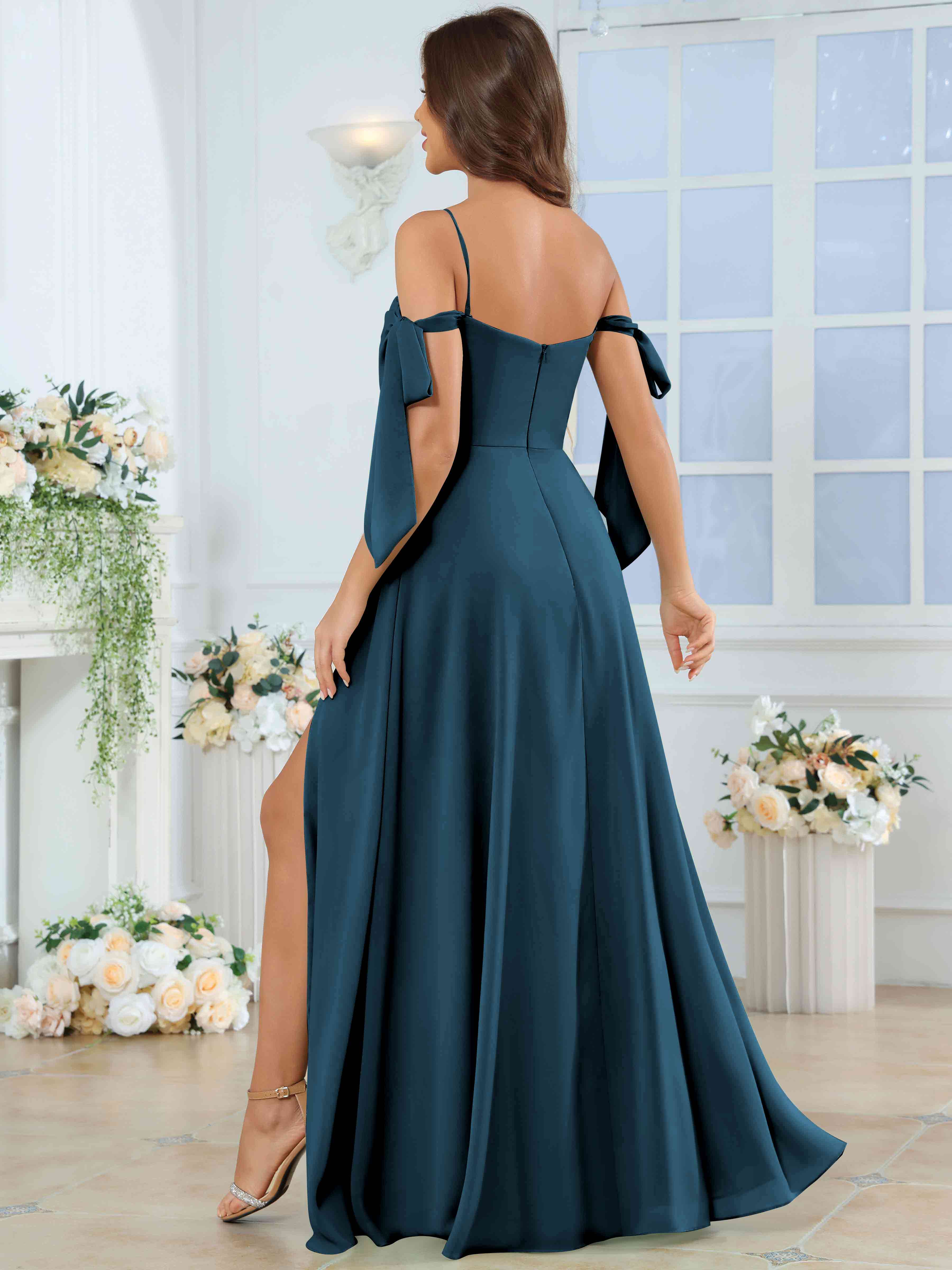 ROVDESY Spaghetti Strap Pleated Ruffle Slit Chiffon Bridesmaid Dress With Bow Sleeves