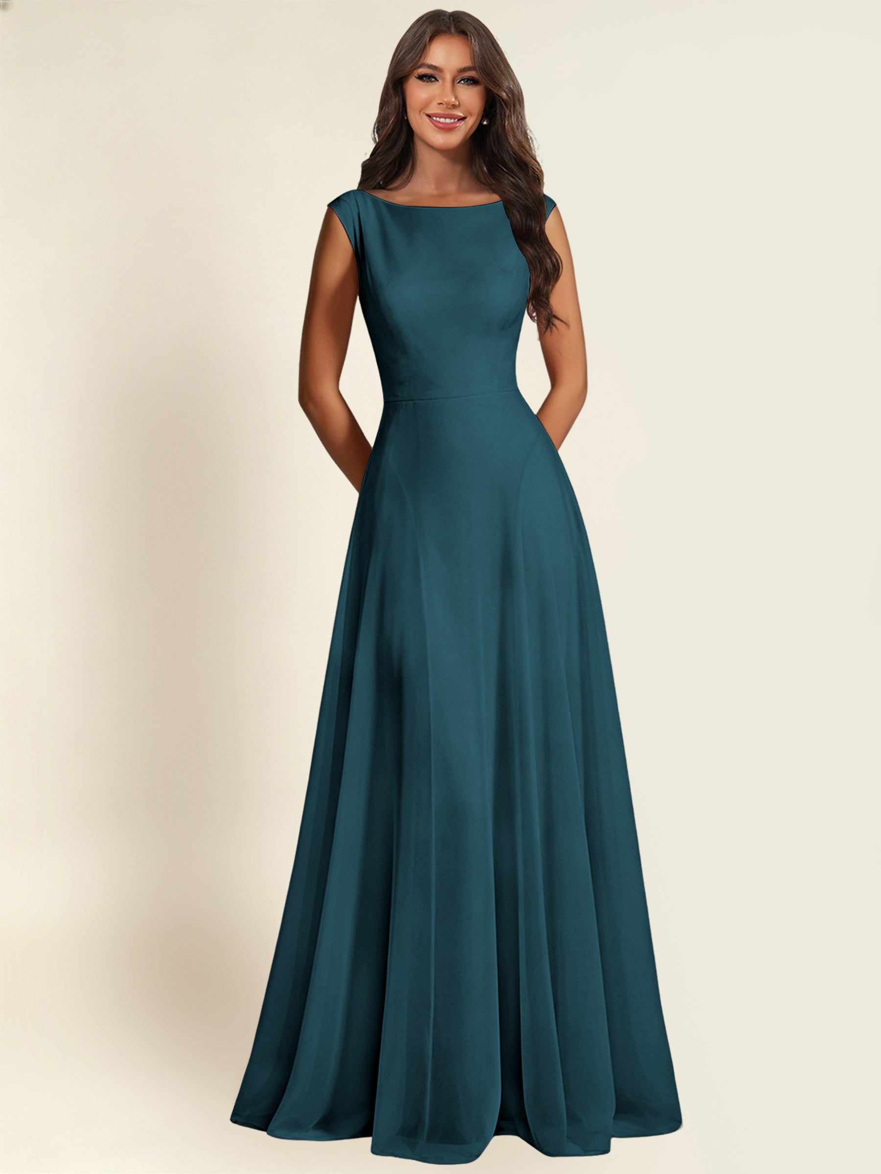 ROVDESY A-Line Chiffon Long Bridesmaid Dress With Sleeveless
