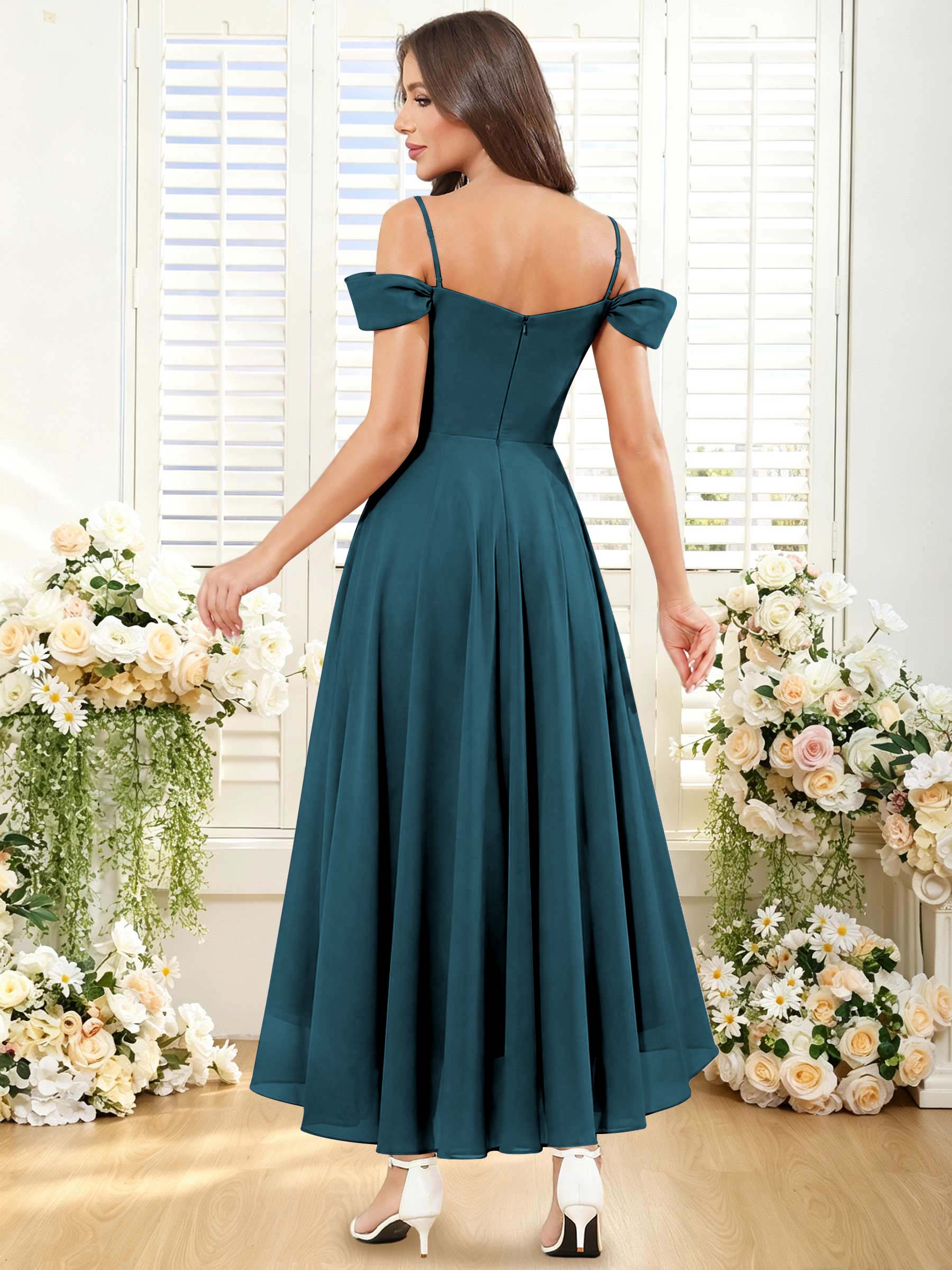 ROVDESY ROVDESY Short Cold Shoulder Sweetheart High Low Pleated Chiffon Bridesmaid Dress