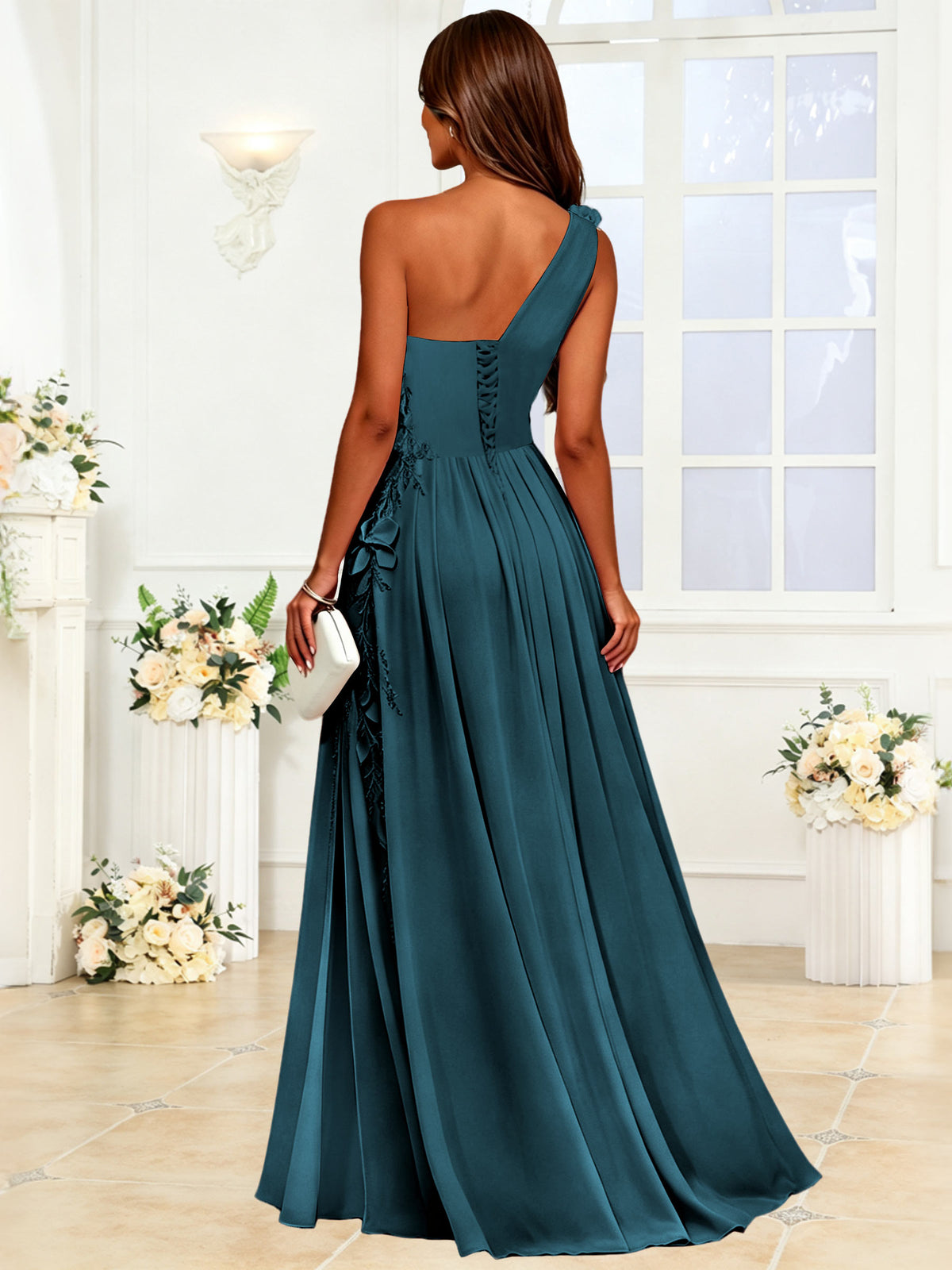 One Shoulder 3D Flower Chiffon Bridesmaid Dress with Slit