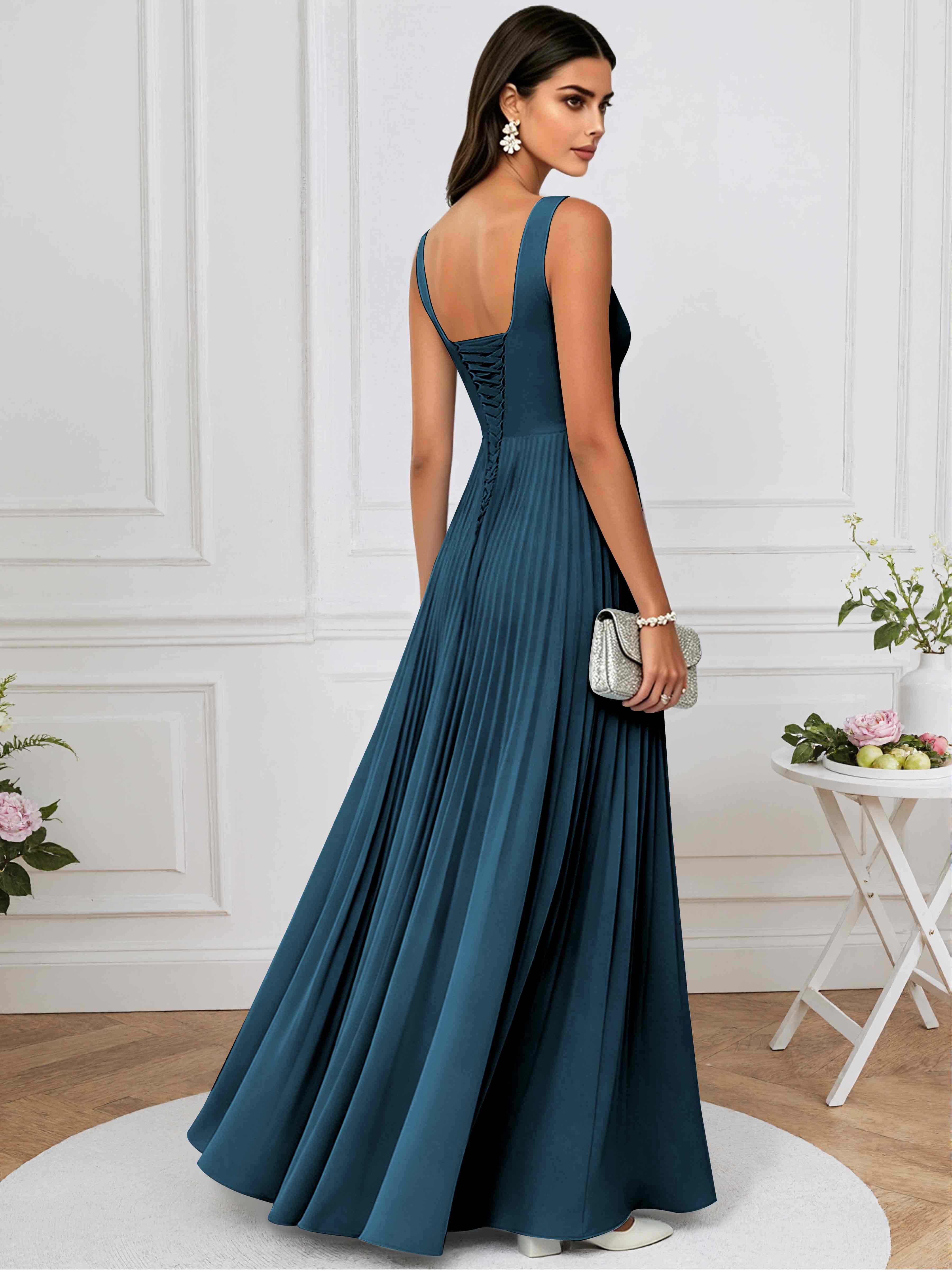 ROVDESY A-Line Square Neck Pleated Chiffon Long Bridesmaid/Prom Dress