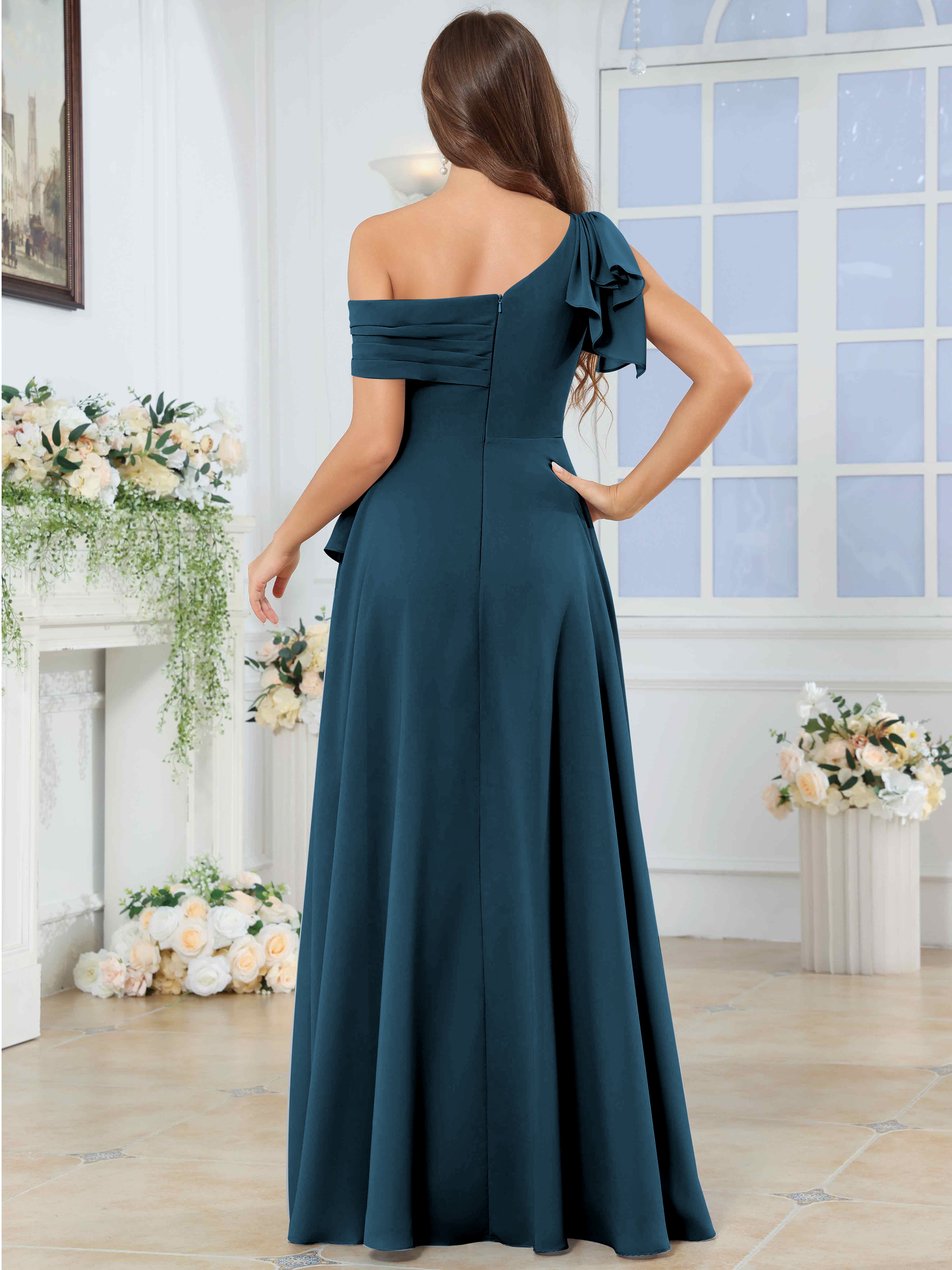 ROVDESY One Shoulder Pleated Ruffle Chiffon Bridesmaid Dress With Slit
