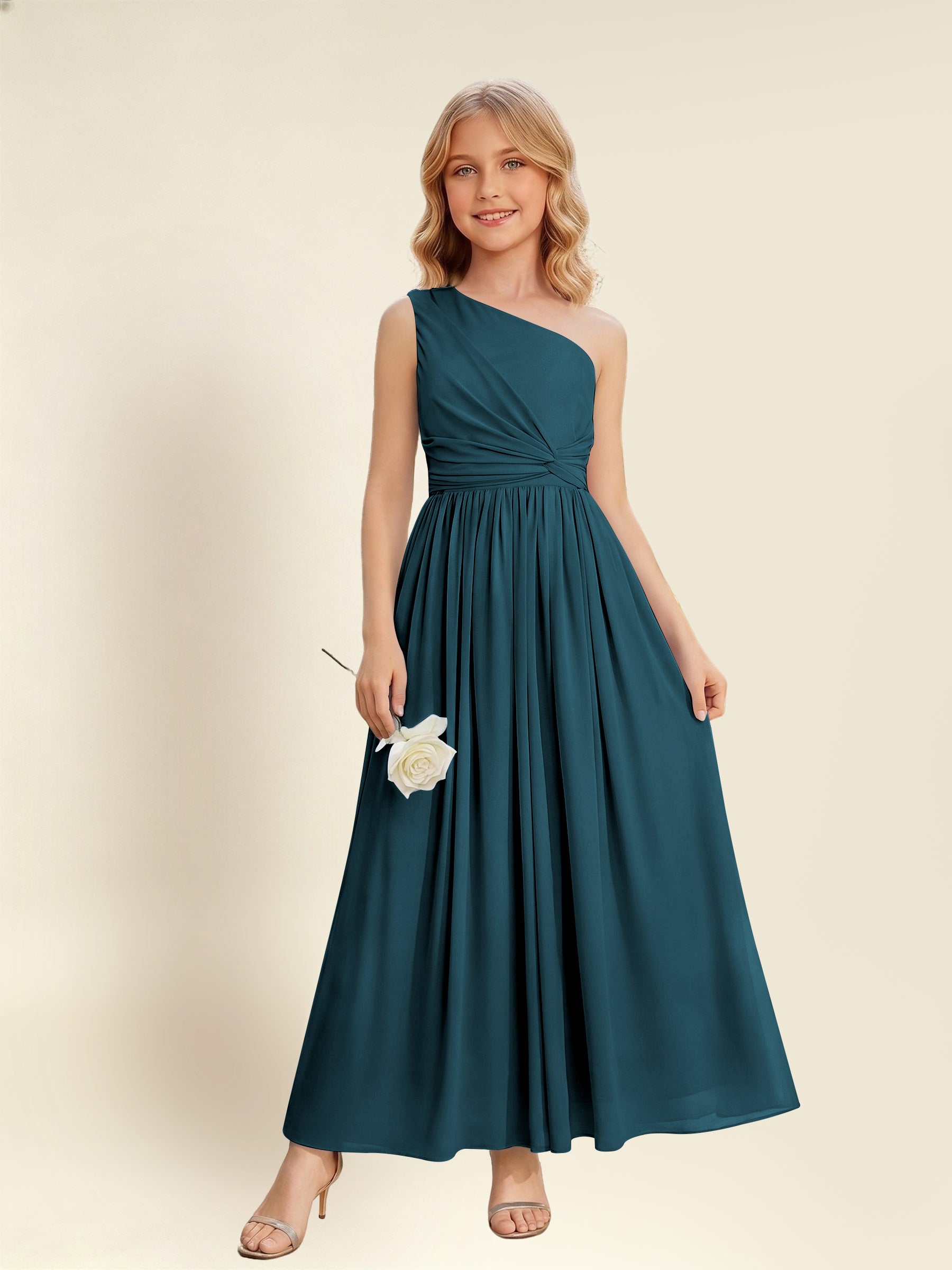 ROVDESY One Shoulder Twist Waist Chiffon Junior Bridesmaid Maxi Dress