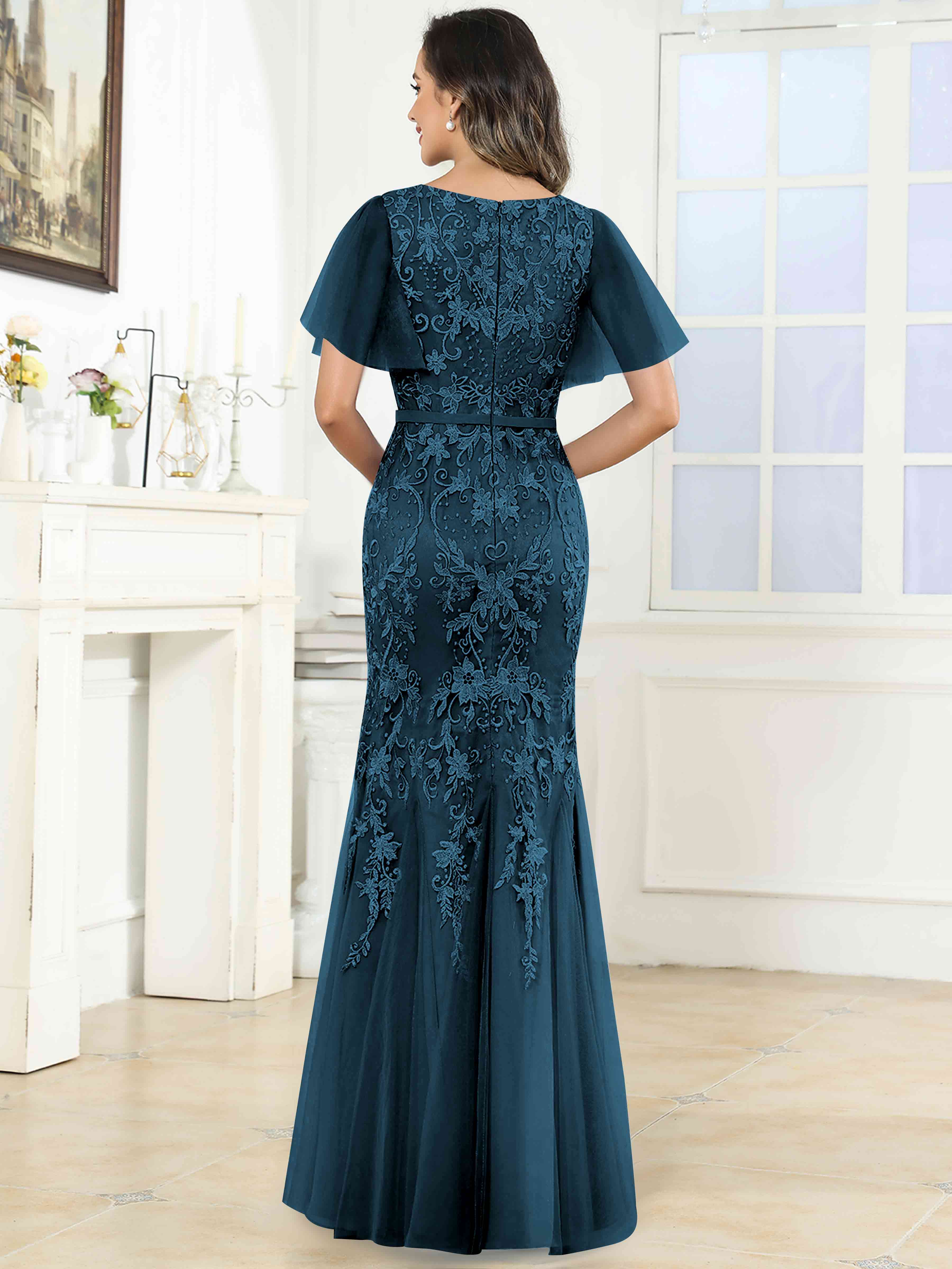 ROVDESY Elegant V-Neck Lace Mermaid Long Mother Of The Bride Dress Formal Gown With Sleeves